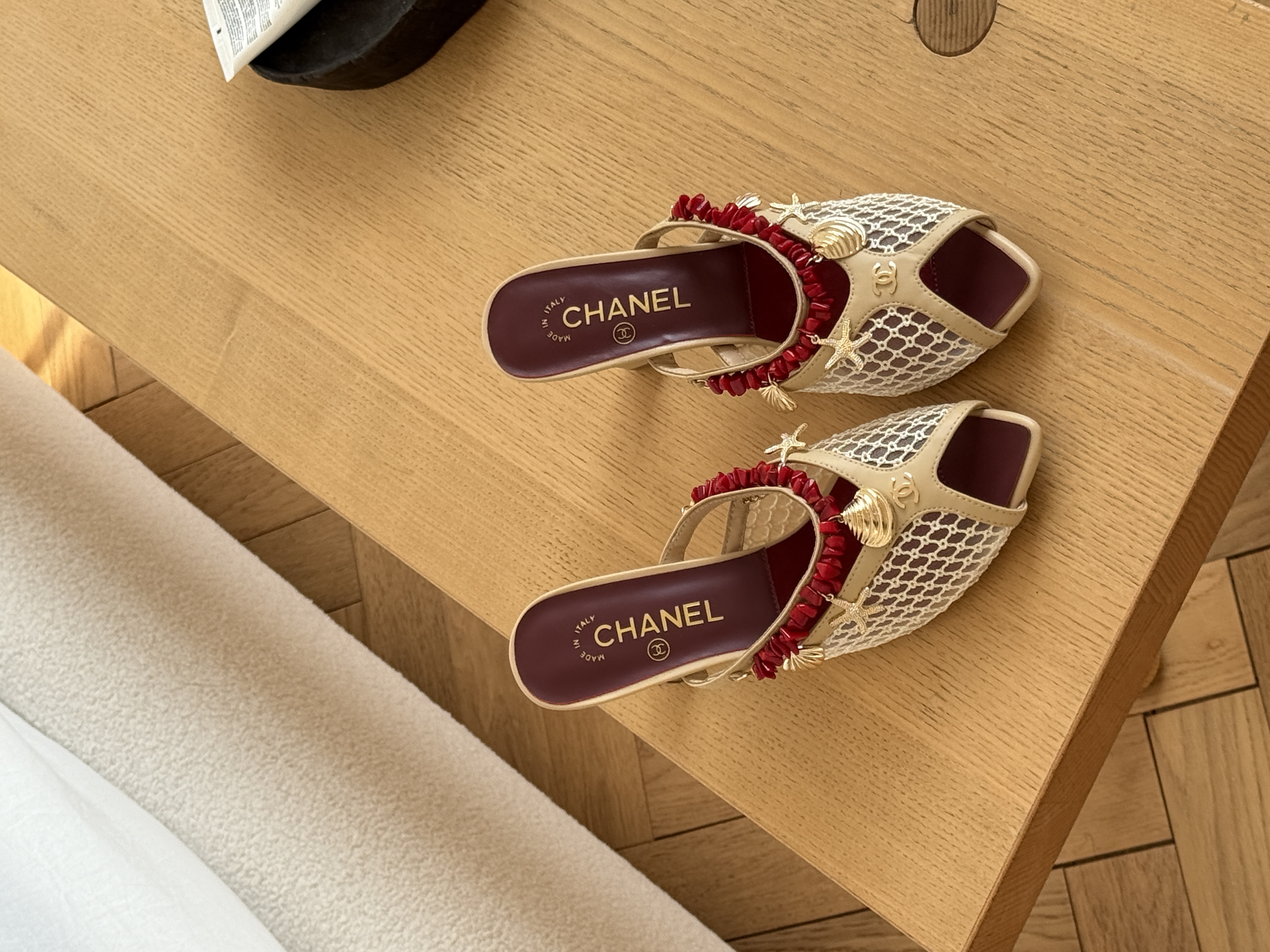Chanel Mesh & Leather Red Bead Ocean Charm Block Heel Open-Toe Mule Sandals