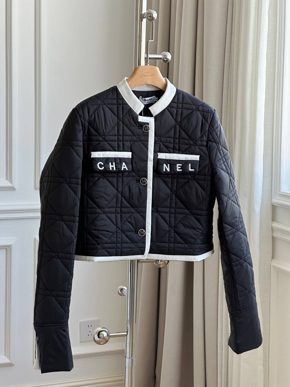 Chanel Black & White Trim Diamond Quilted Letter Pocket Stand Collar Cropped Padded Jacket