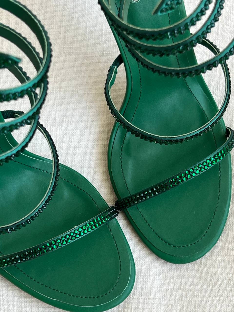 Rene Caovilla Emerald Crystal Coiled Ankle-wrap Stiletto Sandals