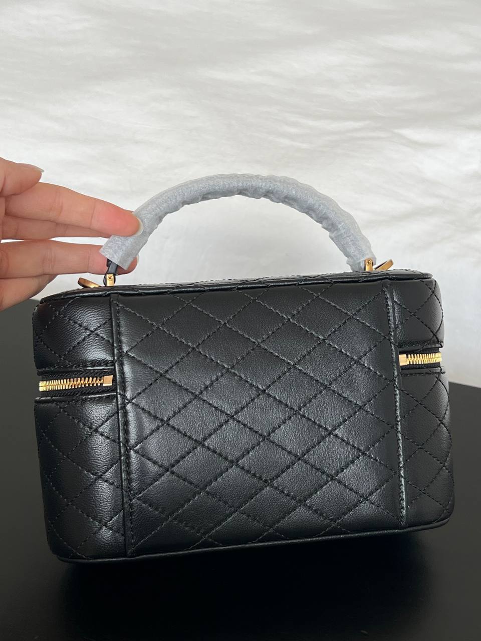 Yves Saint Laurent Black Caviar Quilted Gold Logo Top Handle Mini Vanity Box Bag