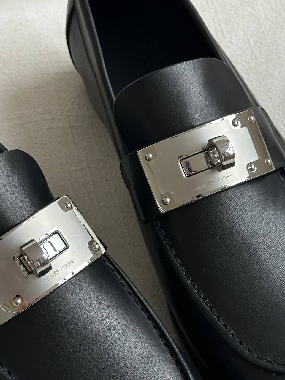 Hermès Black Calfskin Kelly Silver Buckle Loafers