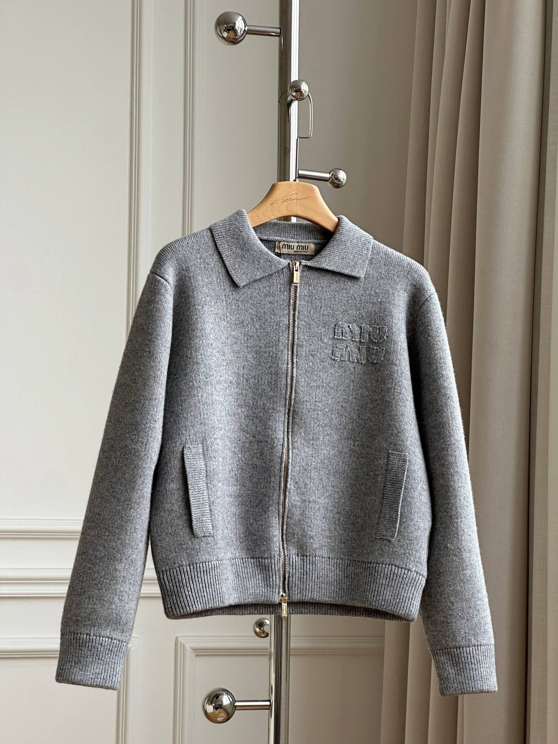 Miu Miu Collared Zip-Up Wool Knit Jacket
