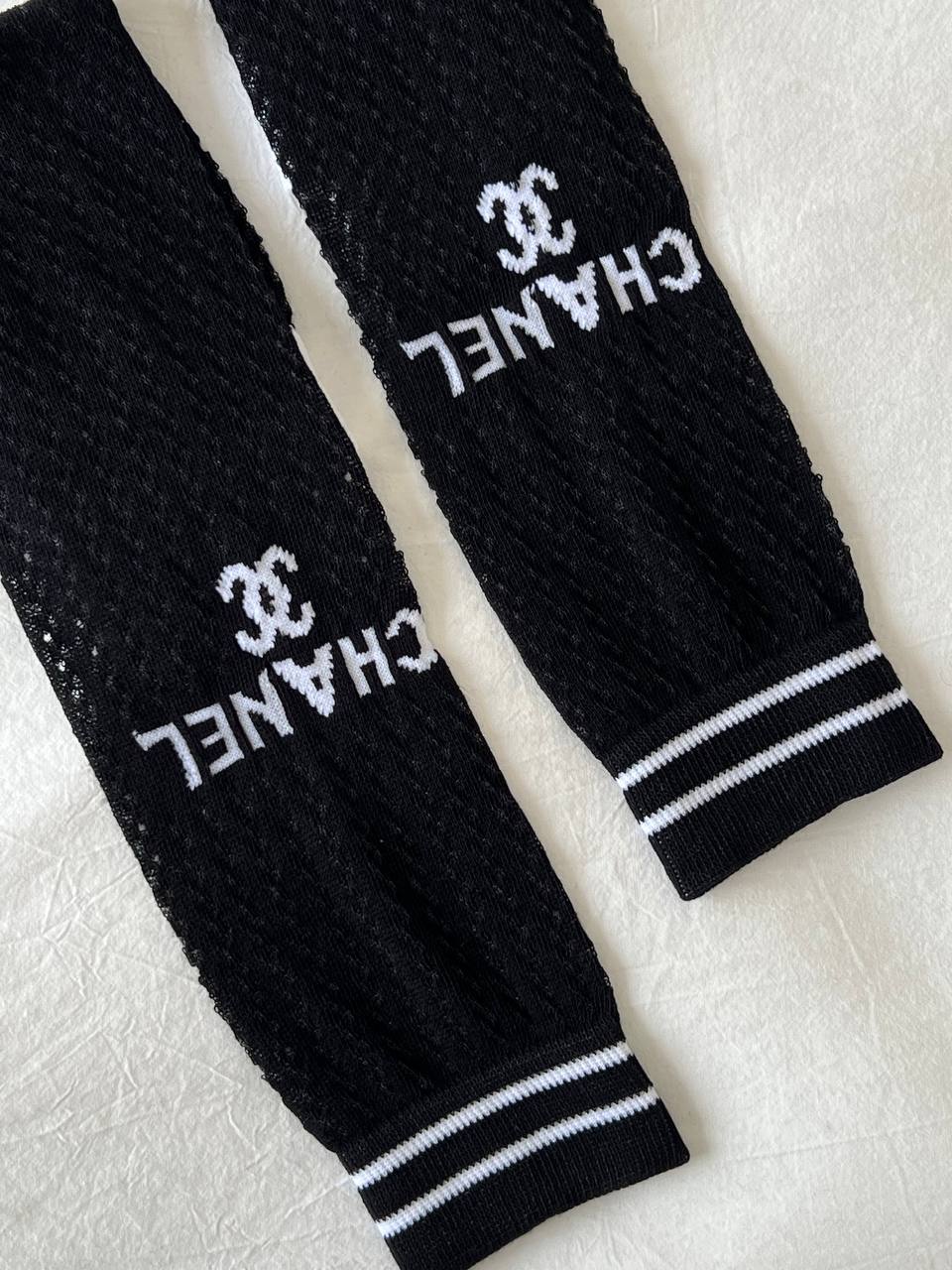 Chanel Black White Mesh Knit CC Logo Leg Warmers