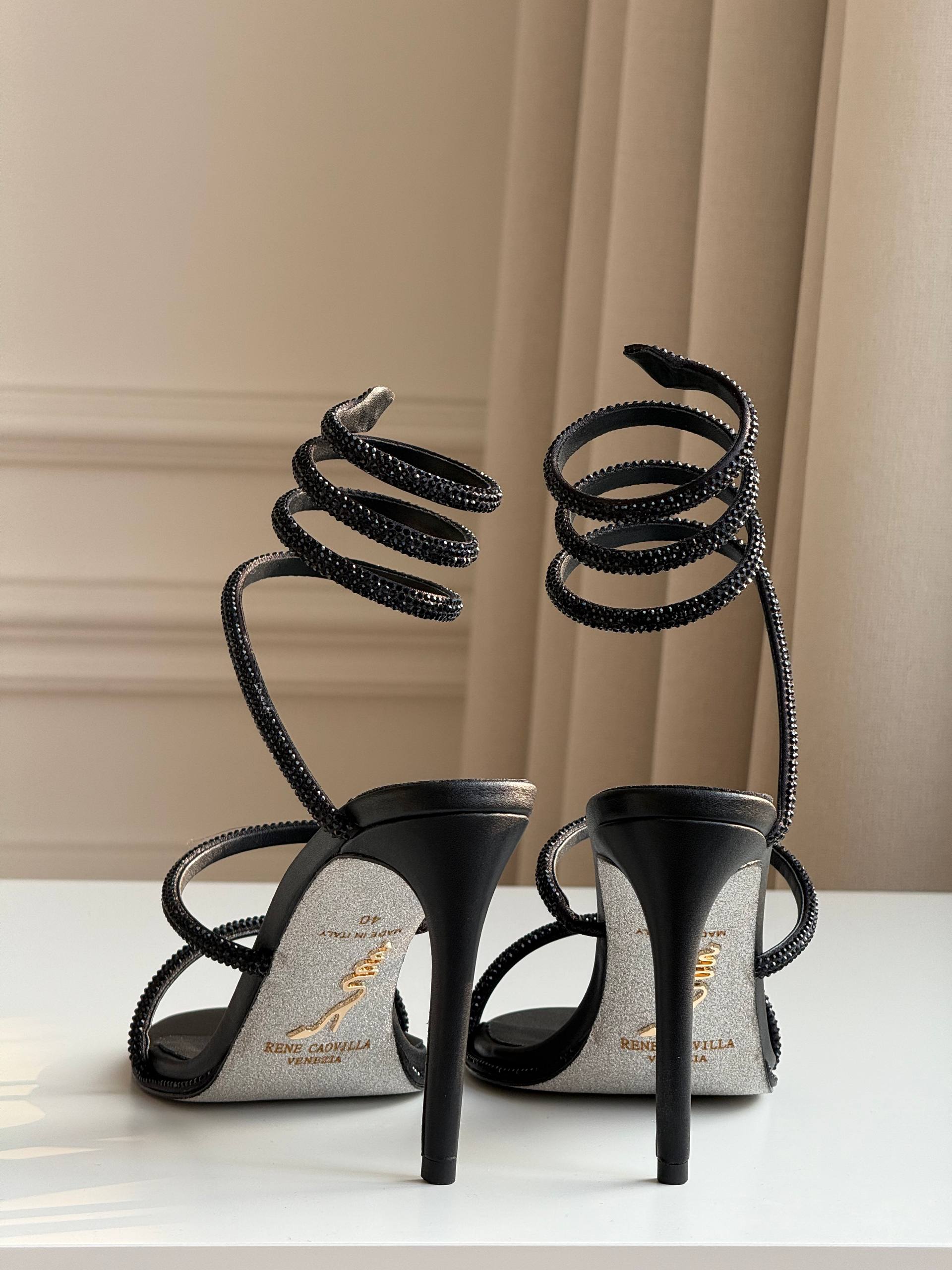 Rene Caovilla Cleo Black Crystal Wrap-around Sandals