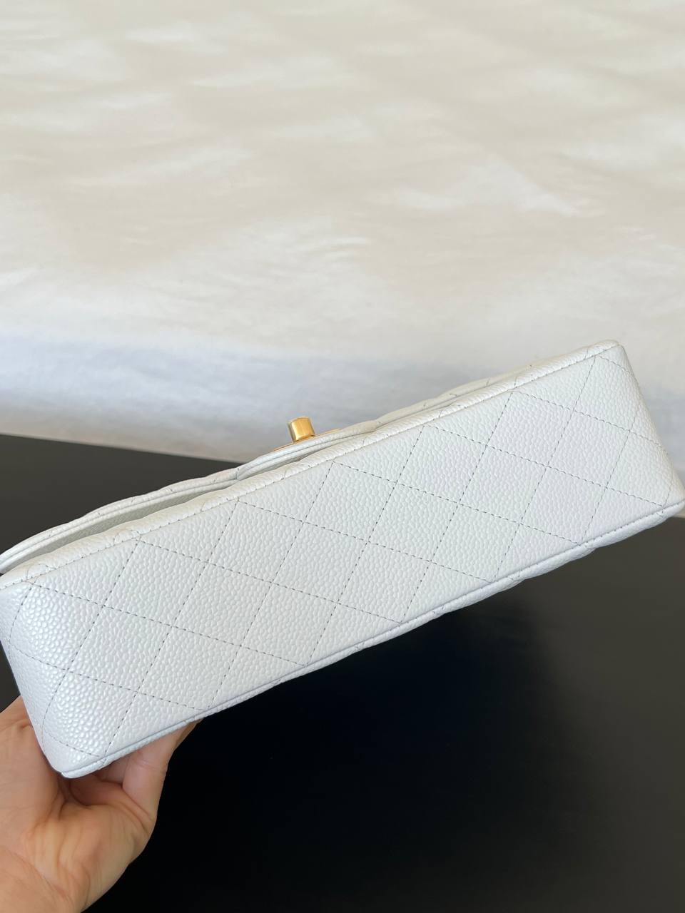 Chanel White Caviar Leather Classic Flap Medium Gold Hardware Handbag