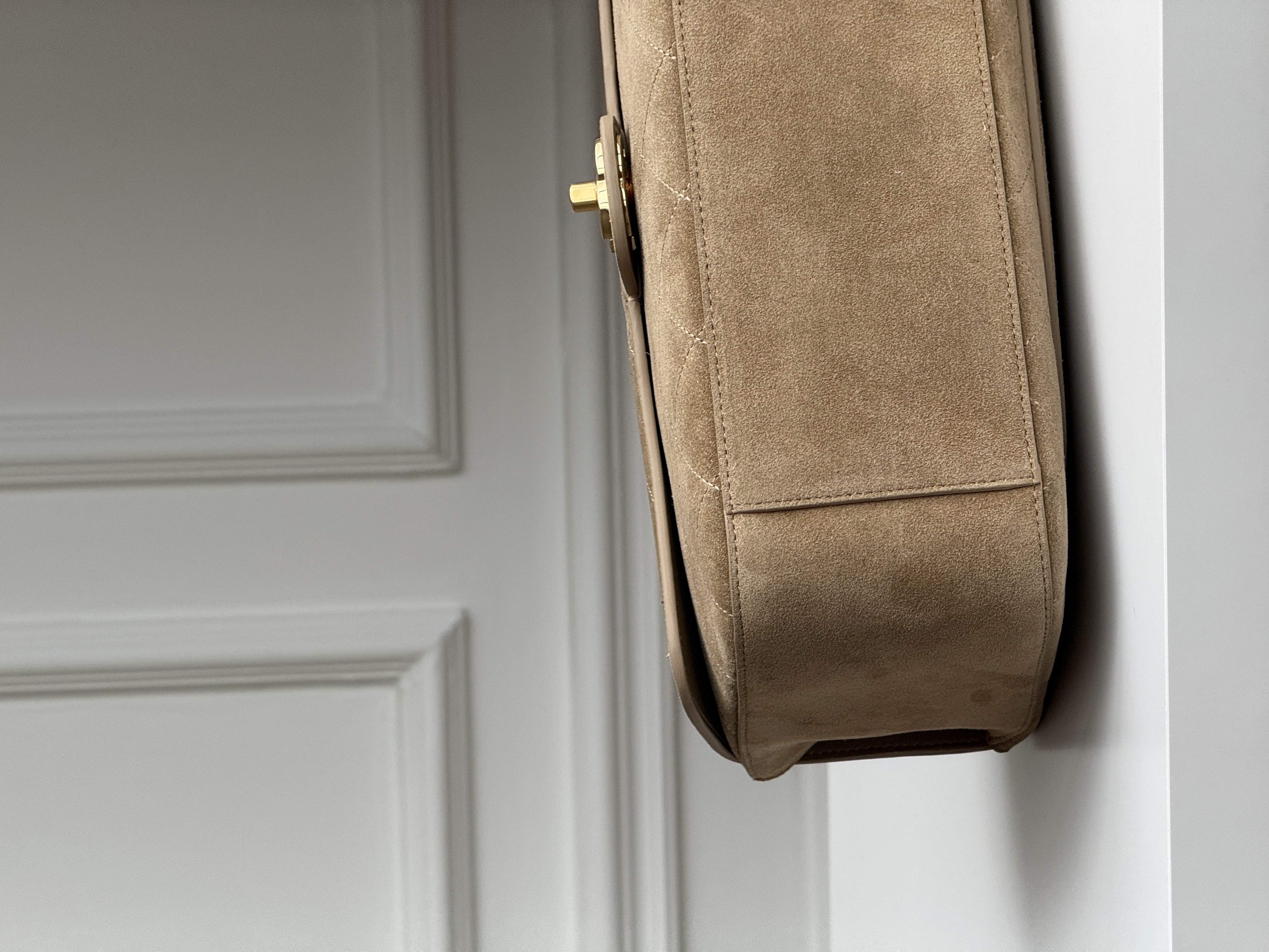 Chanel Light Camel Suede Diamond Quilted Classic Flap Baguette Shoulder Bag
