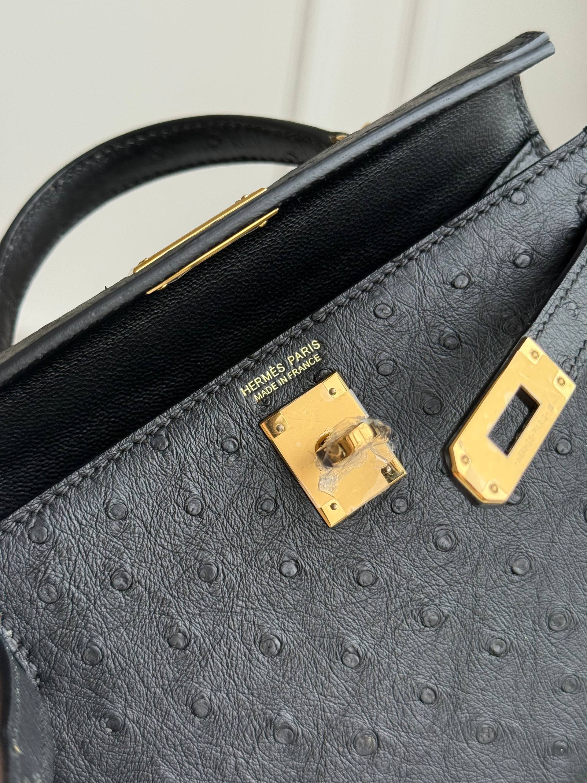 Mini Kelly 2 Ostrich Black Gold Hardware