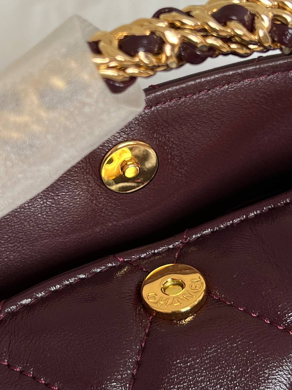 Chanel Burgundy Shiny Wax Leather Quilted Hobo Bag With Braided Chain Handle & Gold CC Logo
