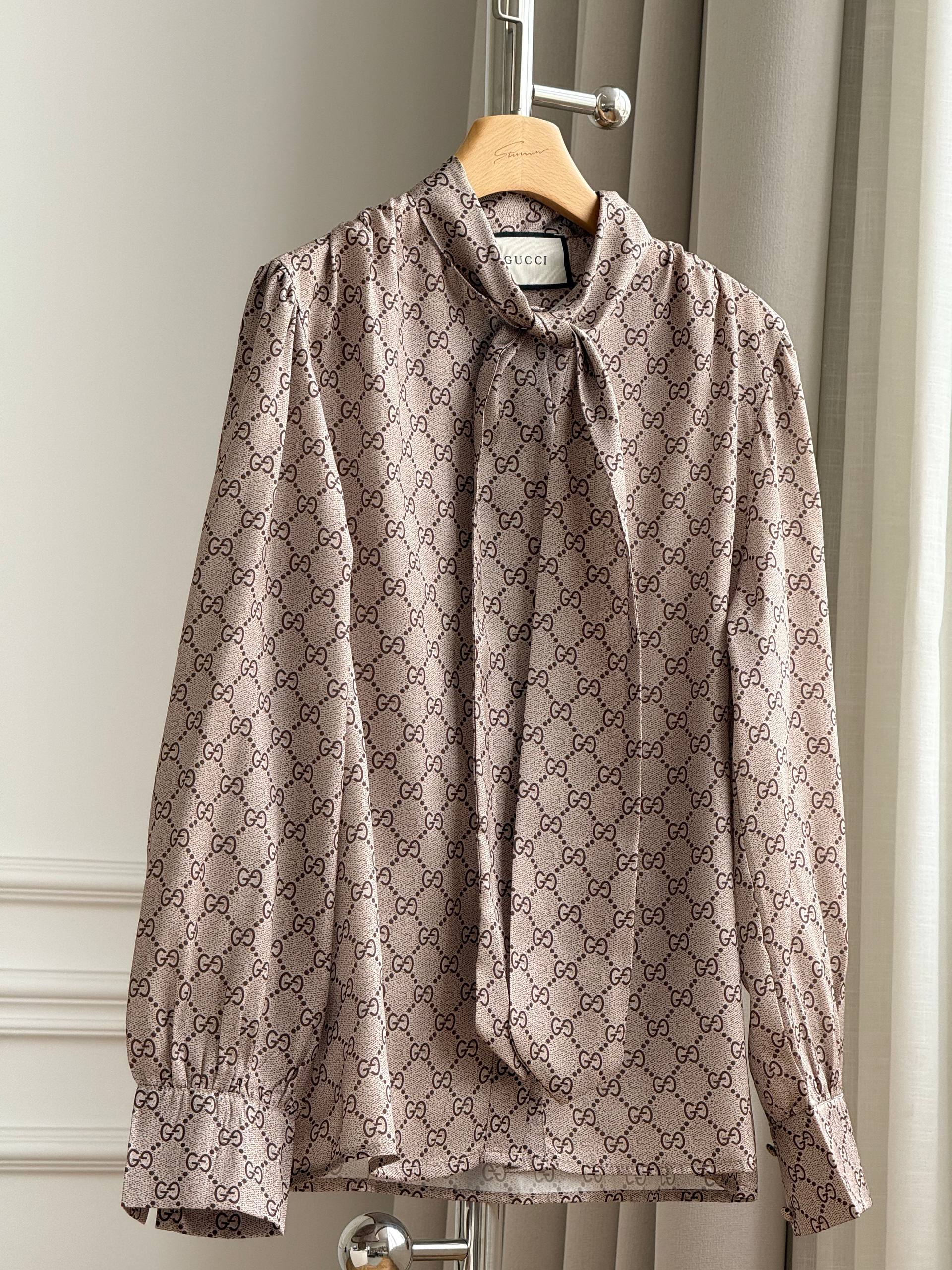 Gucci All-over GG Monogram Bow Tie Neck Satin Blouse
