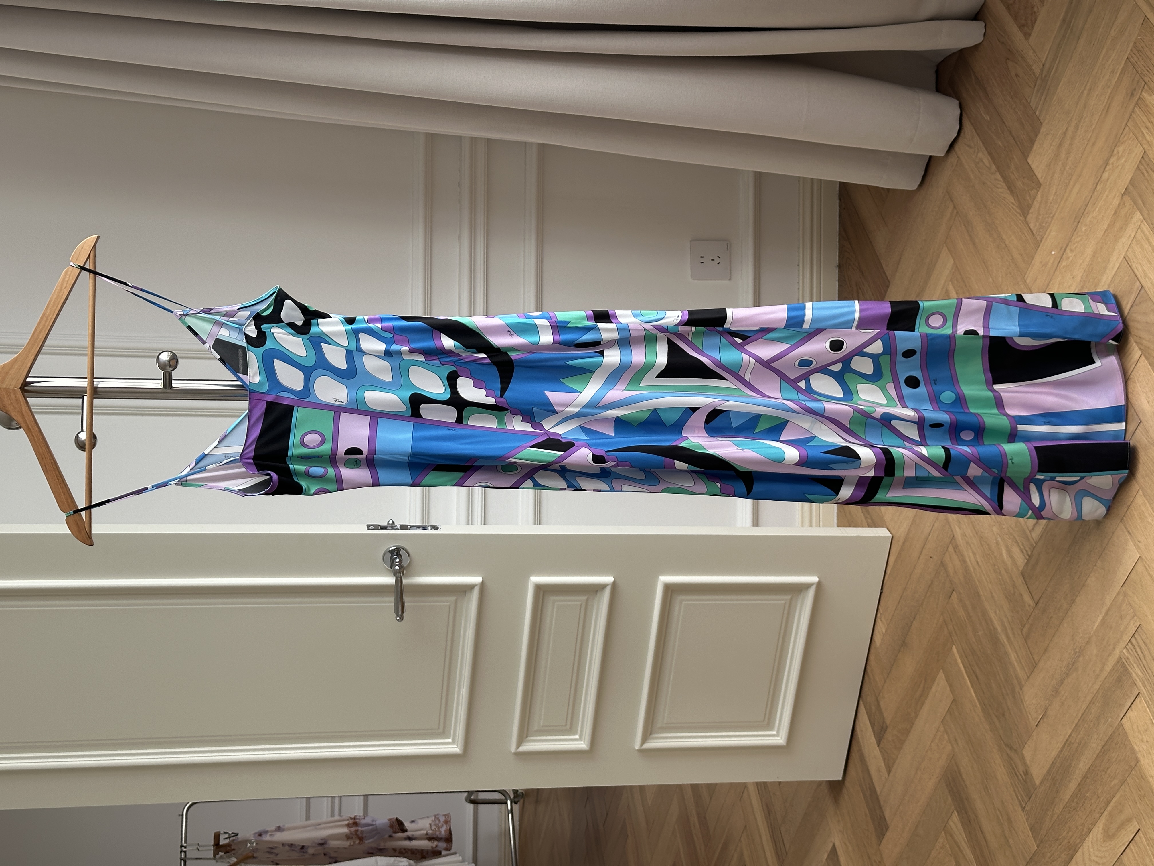 Blue Purple Pop Geometric Print Satin V-Neck Thin Strap Slit Maxi Vacation Dress