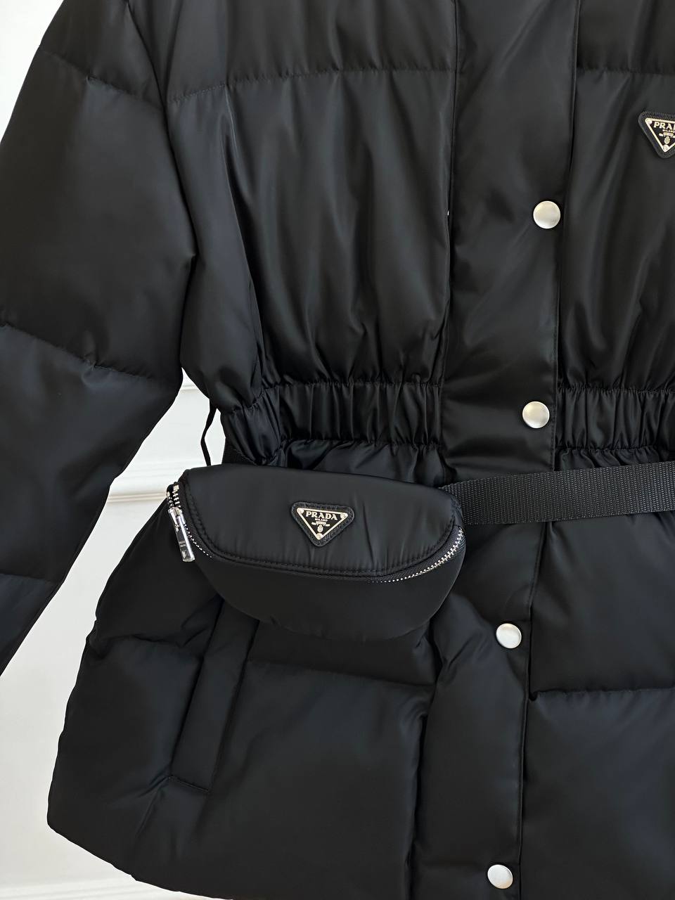 Prada Black Windproof Nylon Hooded Drawstring Waist Triangle Logo Mid-Length Down Jacket With Matching Waist Bag