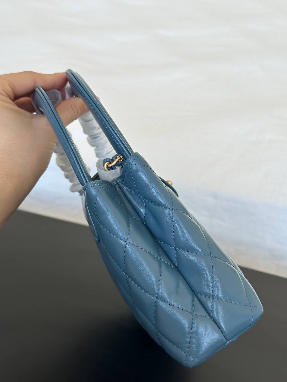 Chanel Smoky Blue Lambskin Quilted Mini Kelly Top Handle Bag