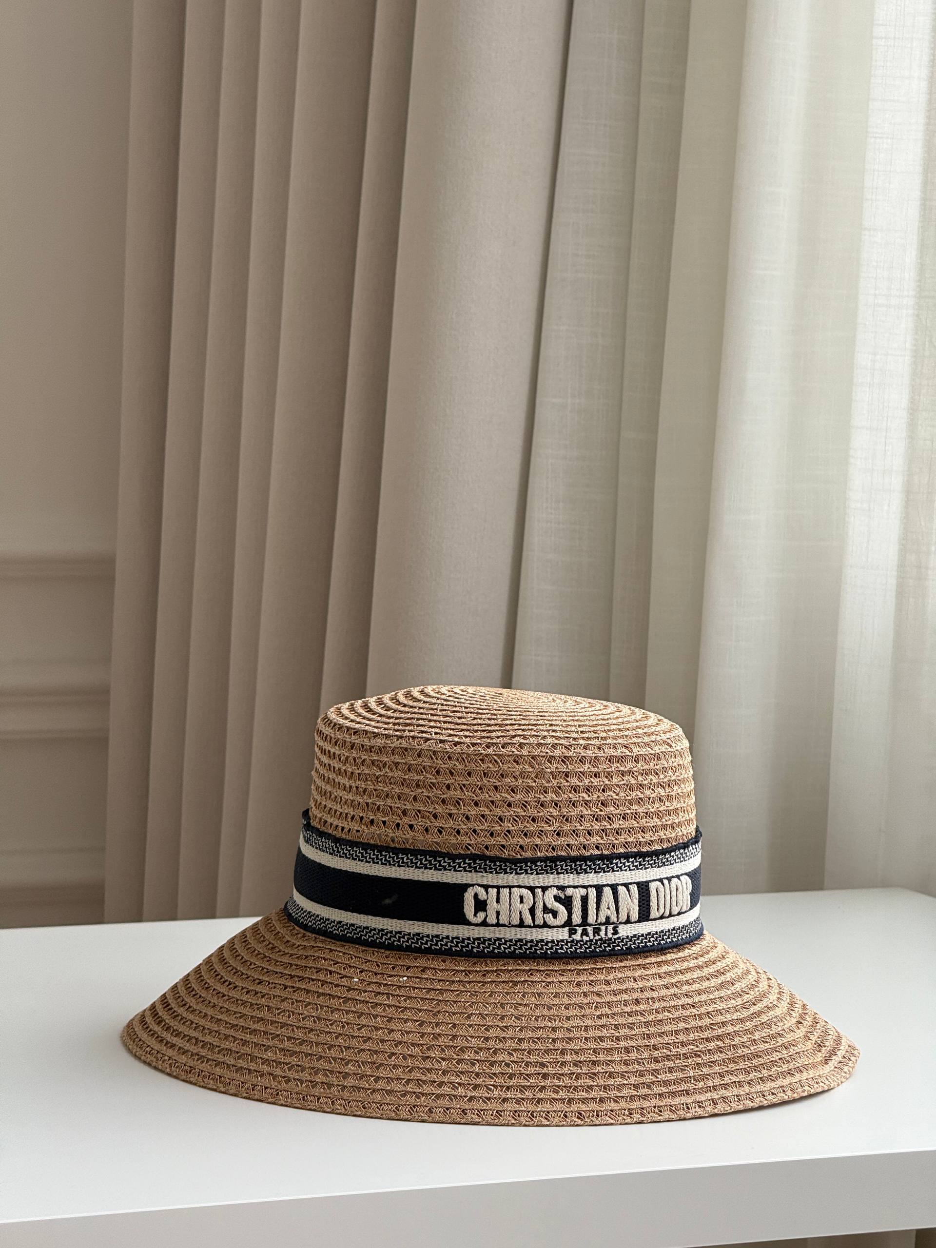 DIOR D-Bobby Large Brim Straw Hat with Embroidered Band