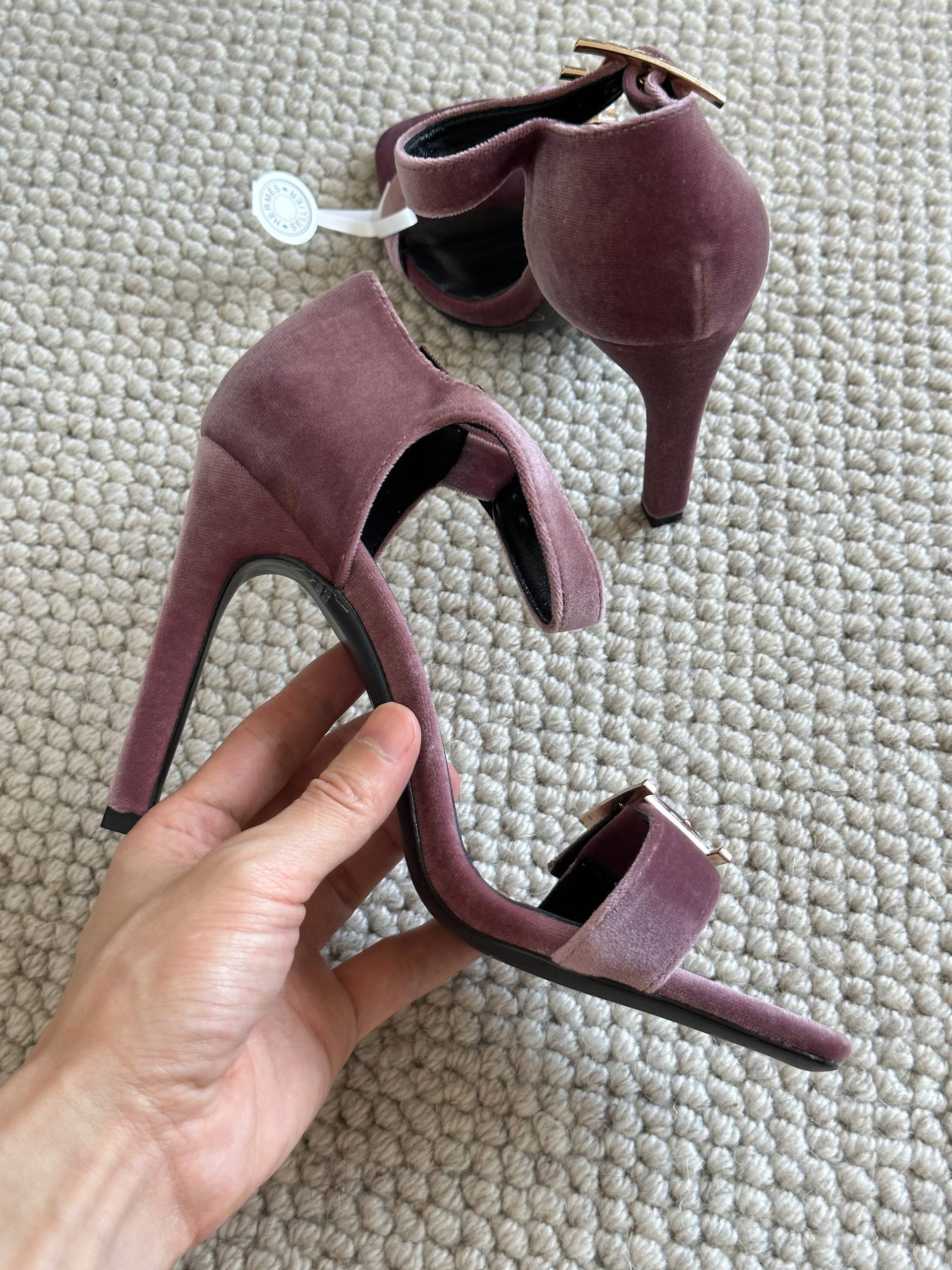 Hermès Dusty Pink Velvet Crystal H Buckle Block Heel Sandals