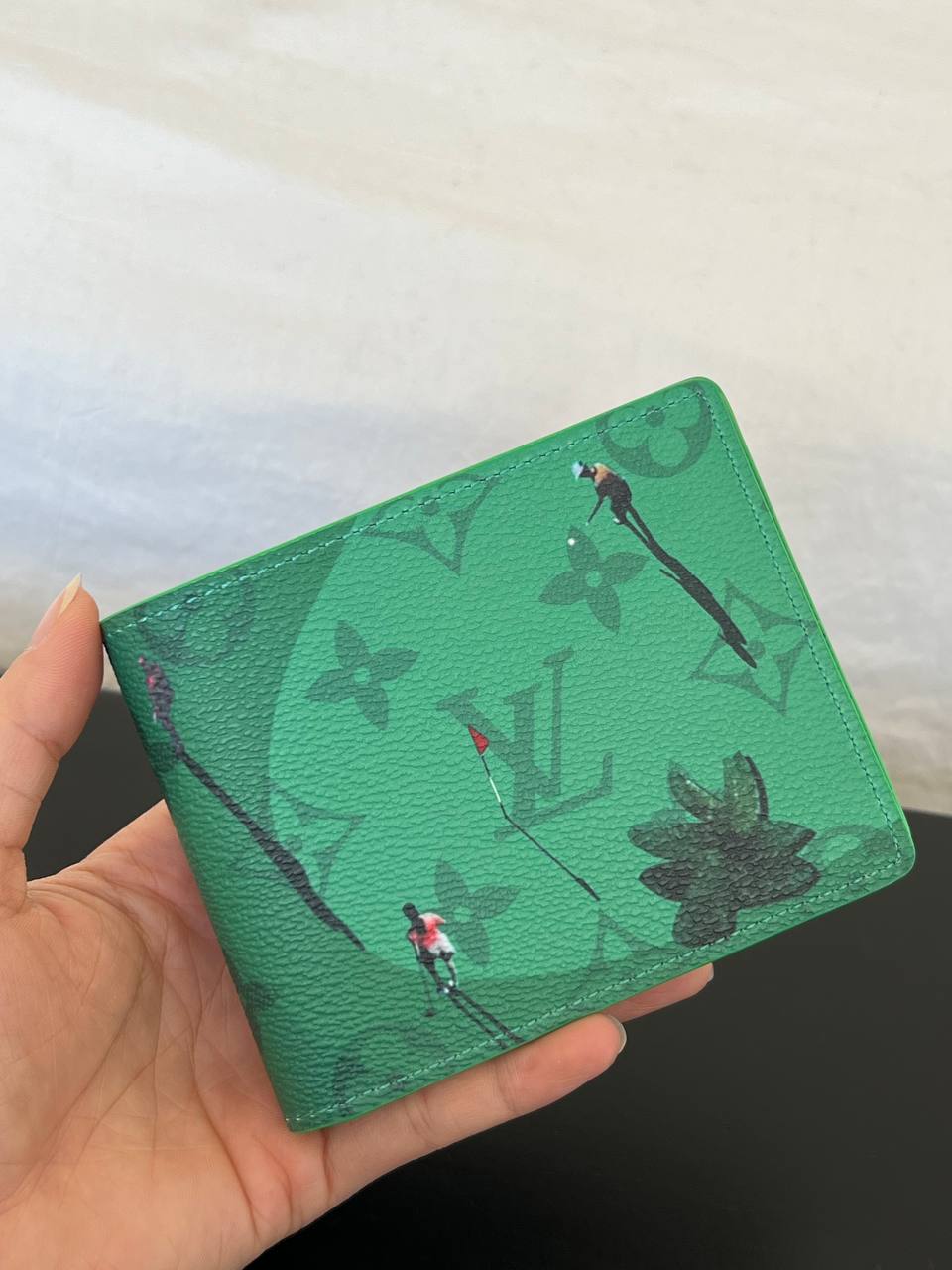 Louis Vuitton Green Monogram Golf Cart Figure Print Grained Leather Bi-fold Short Wallet