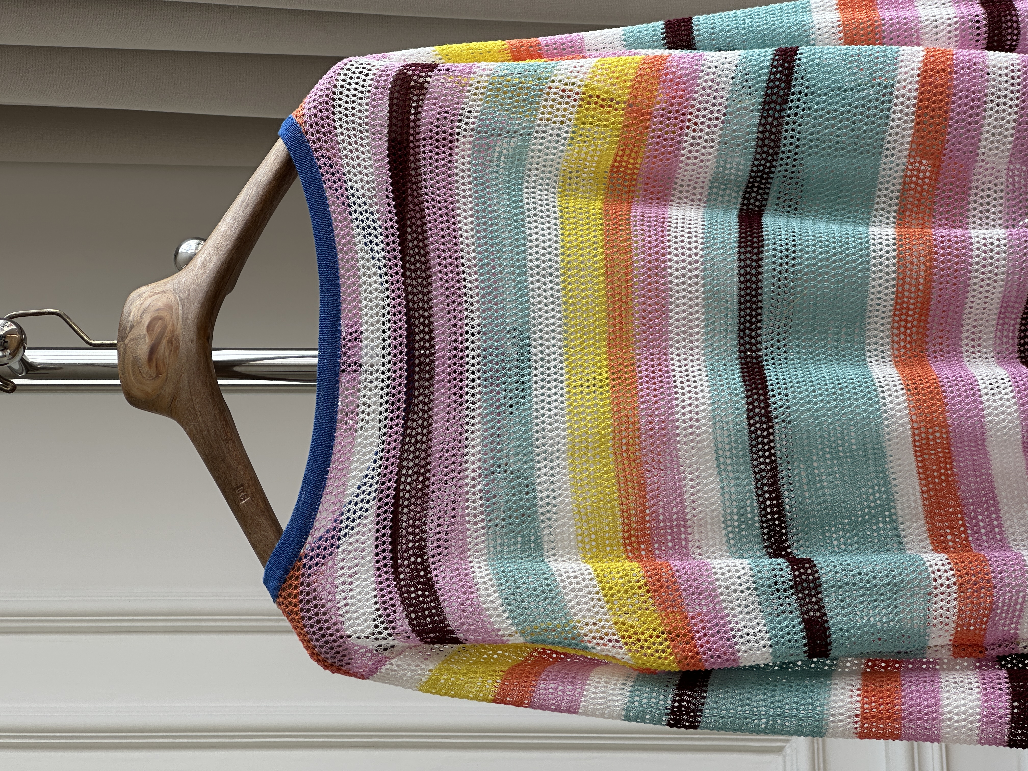 Chanel Macaron Rainbow Stripe Hollow Mesh Knit Top With Black Embroidered Interlocking CC Logo
