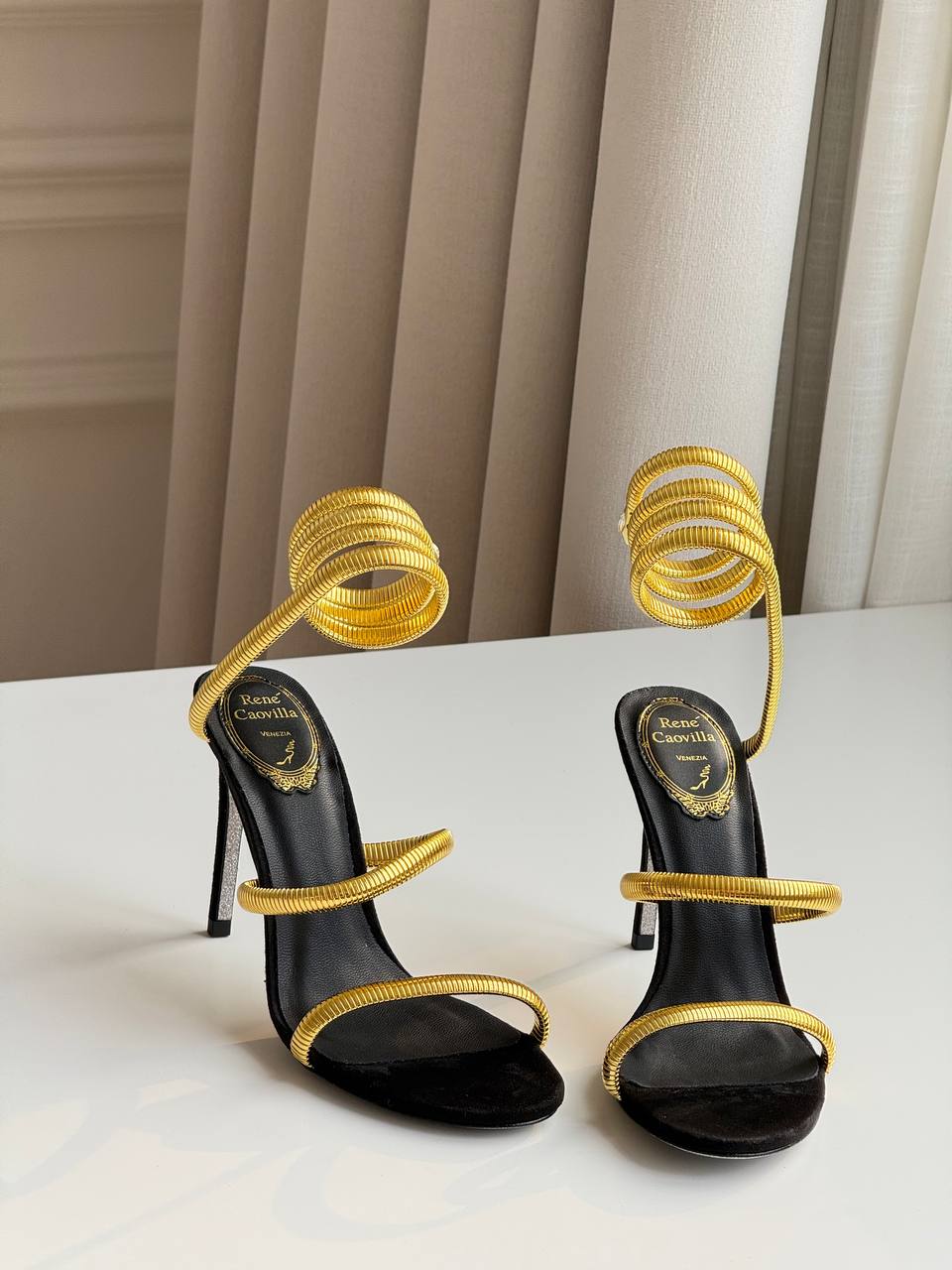 René Caovilla Cleo Gold Metallic Serpent Wrap-Around Stiletto Sandals