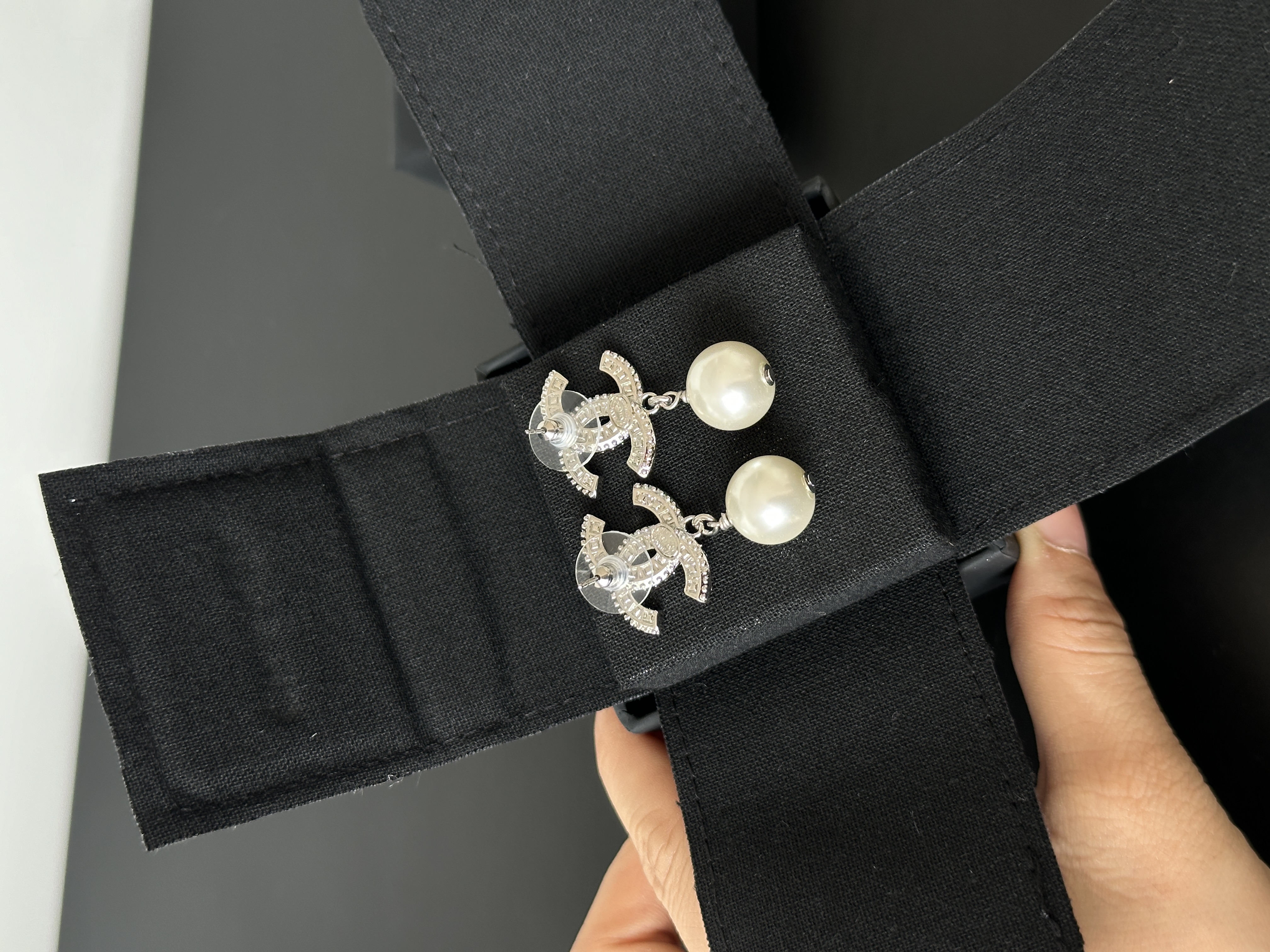 CHANEL Crystal CC Logo Faux Pearl Drop Earrings