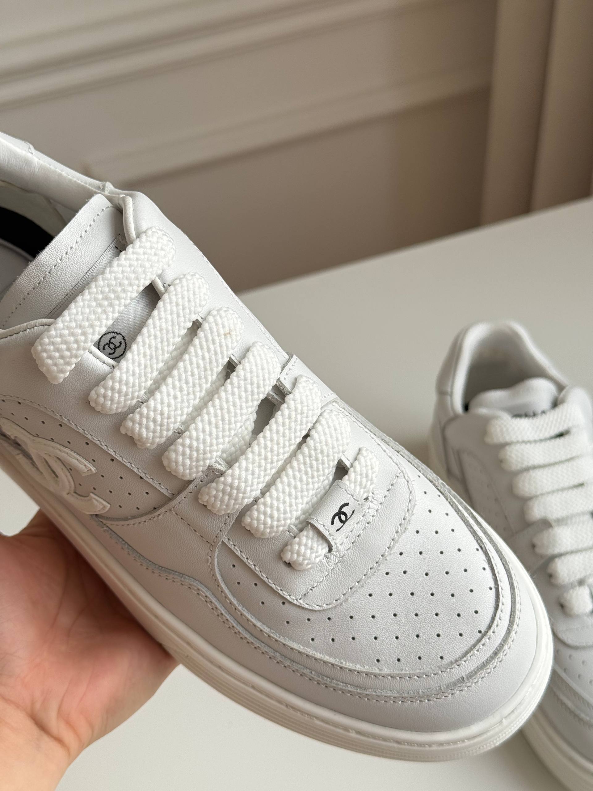 Chanel full-grain leather CC white sneakers