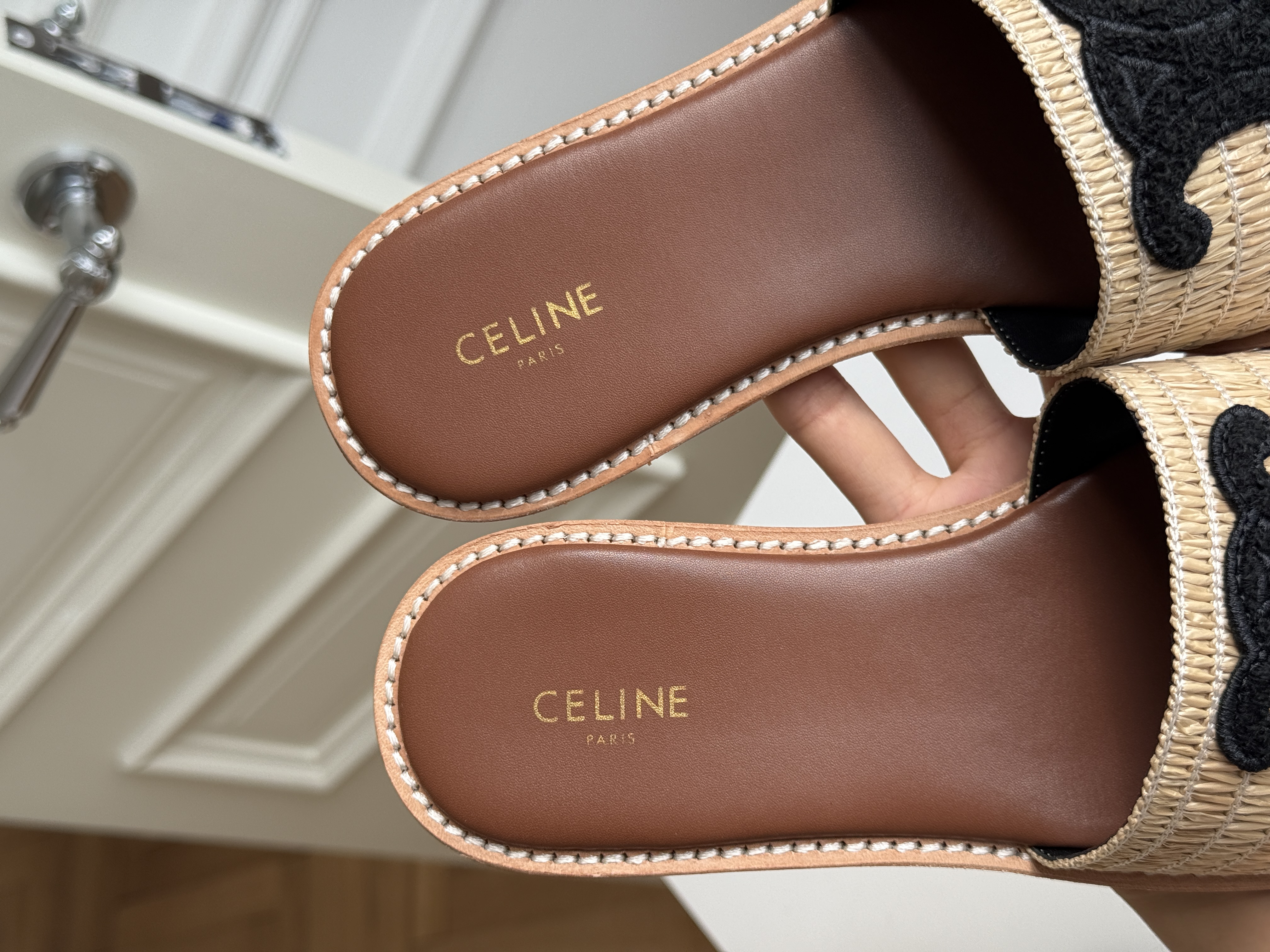 Celine Raffia Woven Slide Sandals With Black Triomphe Embroidery Logo