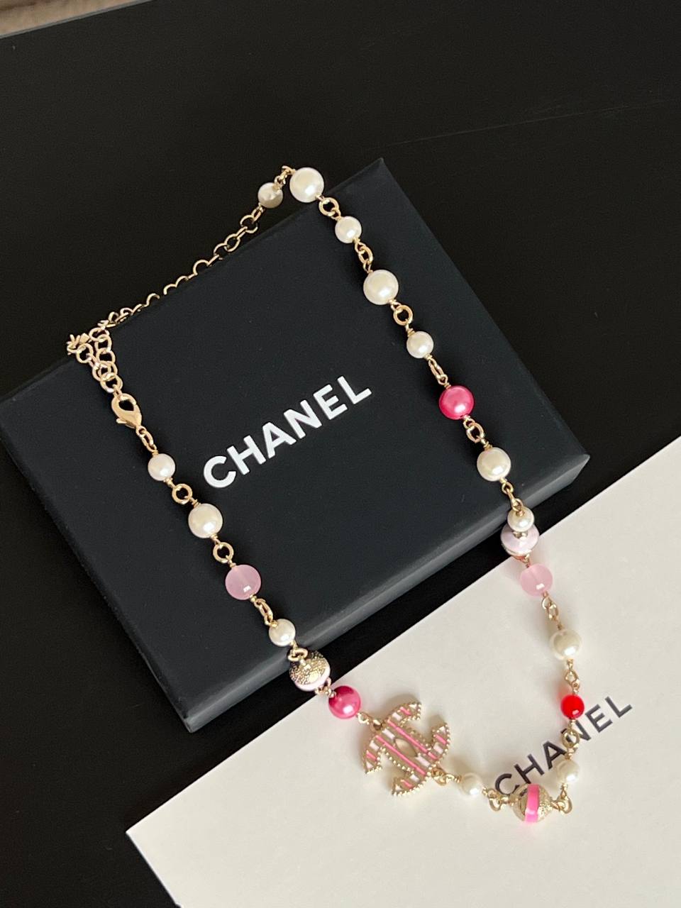 Chanel Light Gold Necklace With Pink Stripe Enamel CC, Pink Beads & Faux Pearls Adjustable
