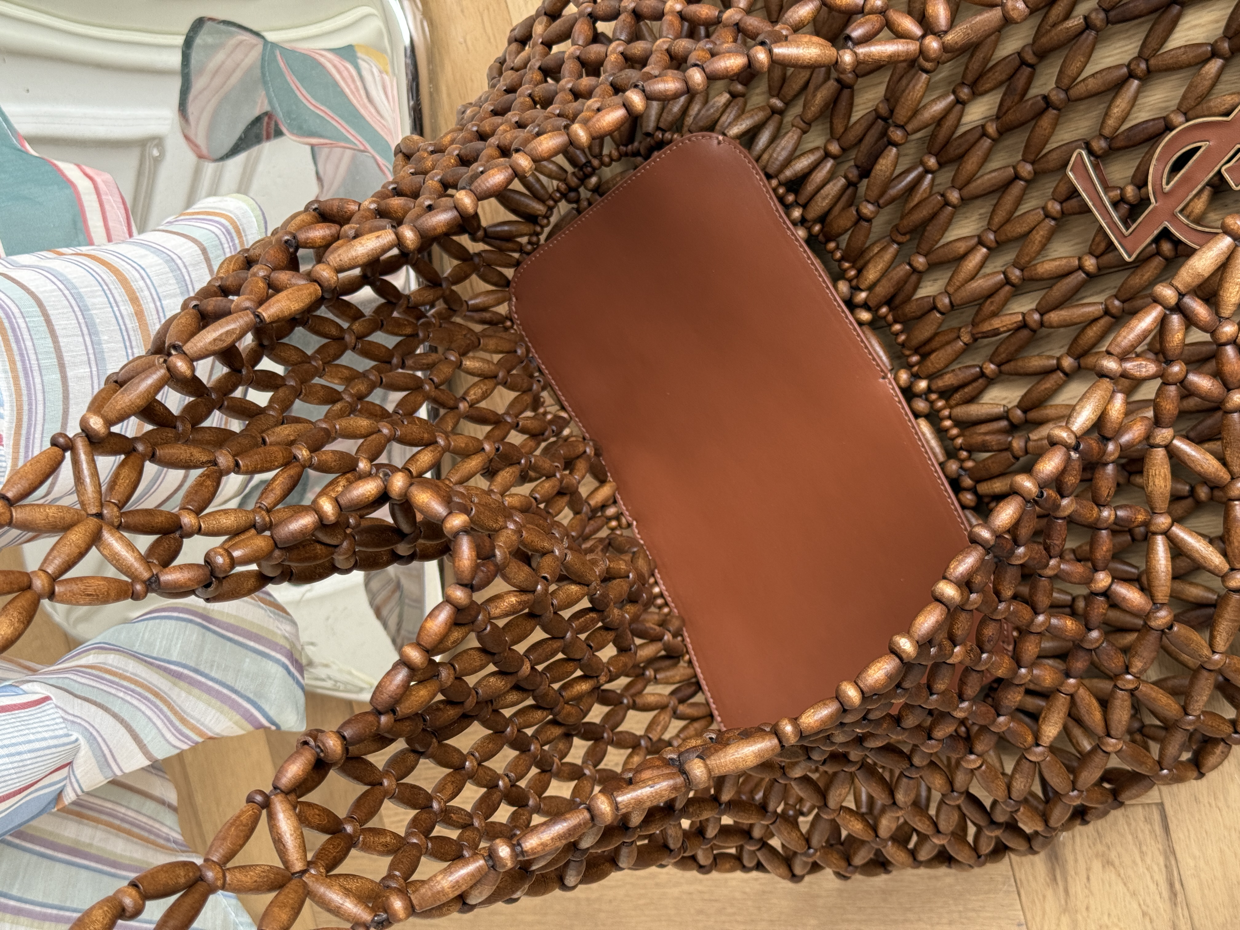 YSL Wooden Bead Open-Weave Tote Beach Bag