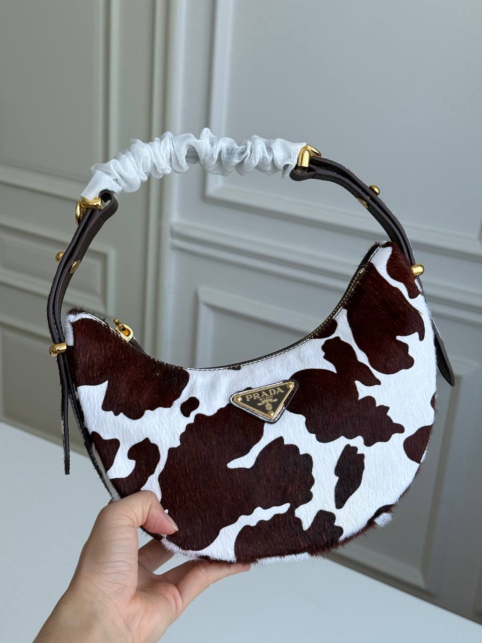 Prada Mini Cow-Print Calf Hair Arqué Shoulder Bag