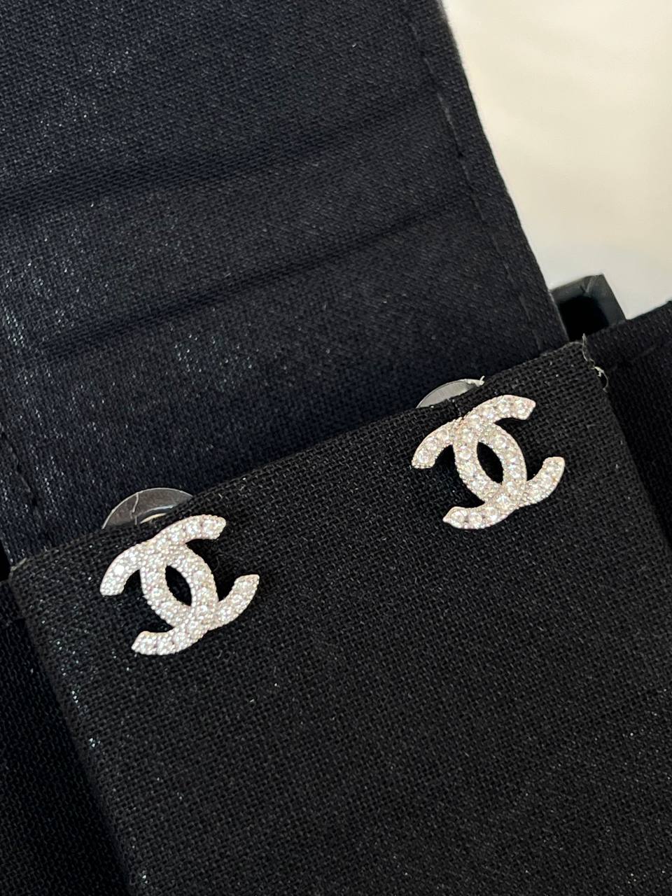 CHANEL Silver-Tone Crystal Interlocking CC Stud Earrings