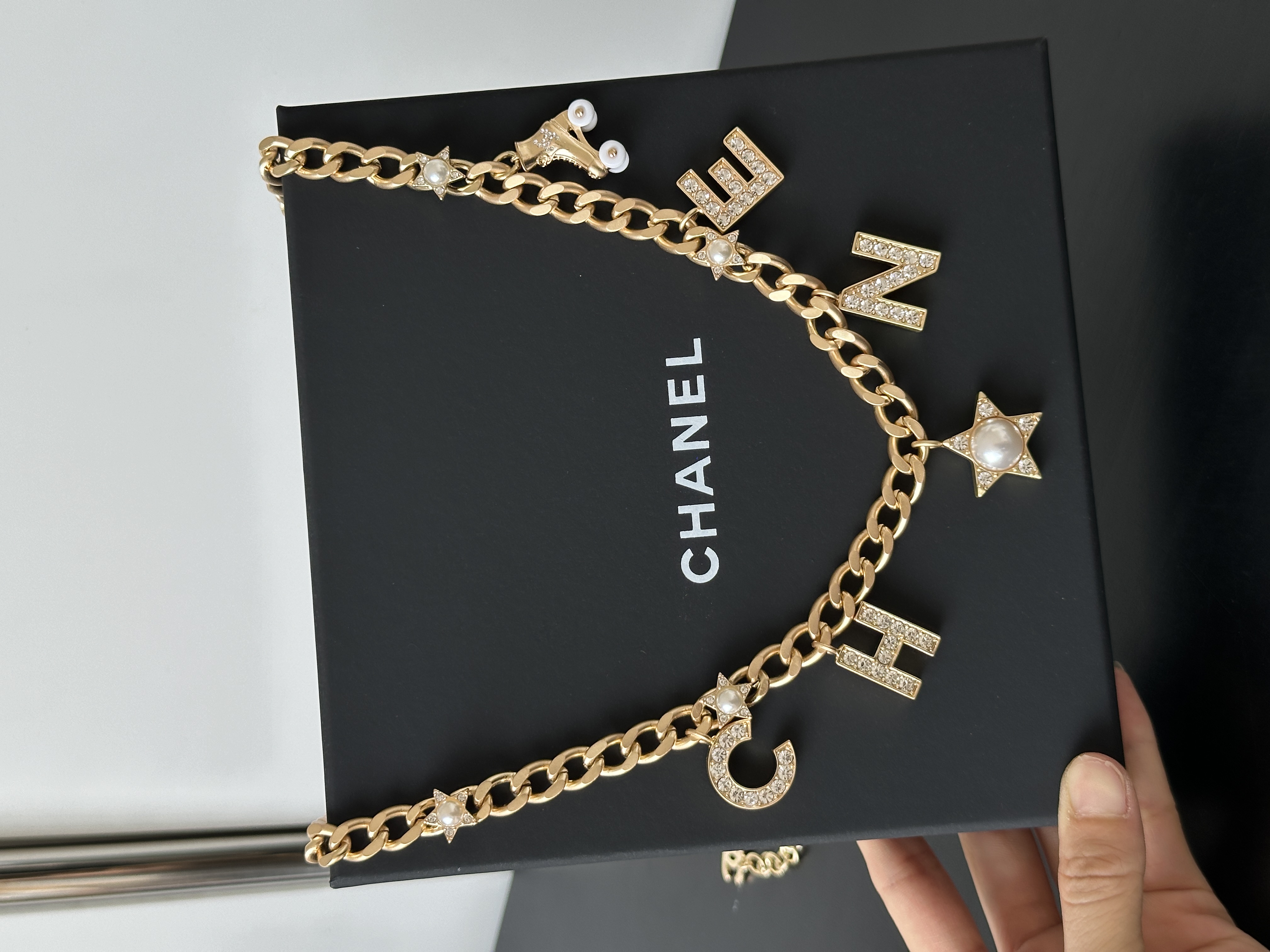 Chanel Light Gold Thick Cuban Chain Waist Belt With Crystal CHANE Letters, Star & Pearl Charms, Dual-Purpose As Necklace