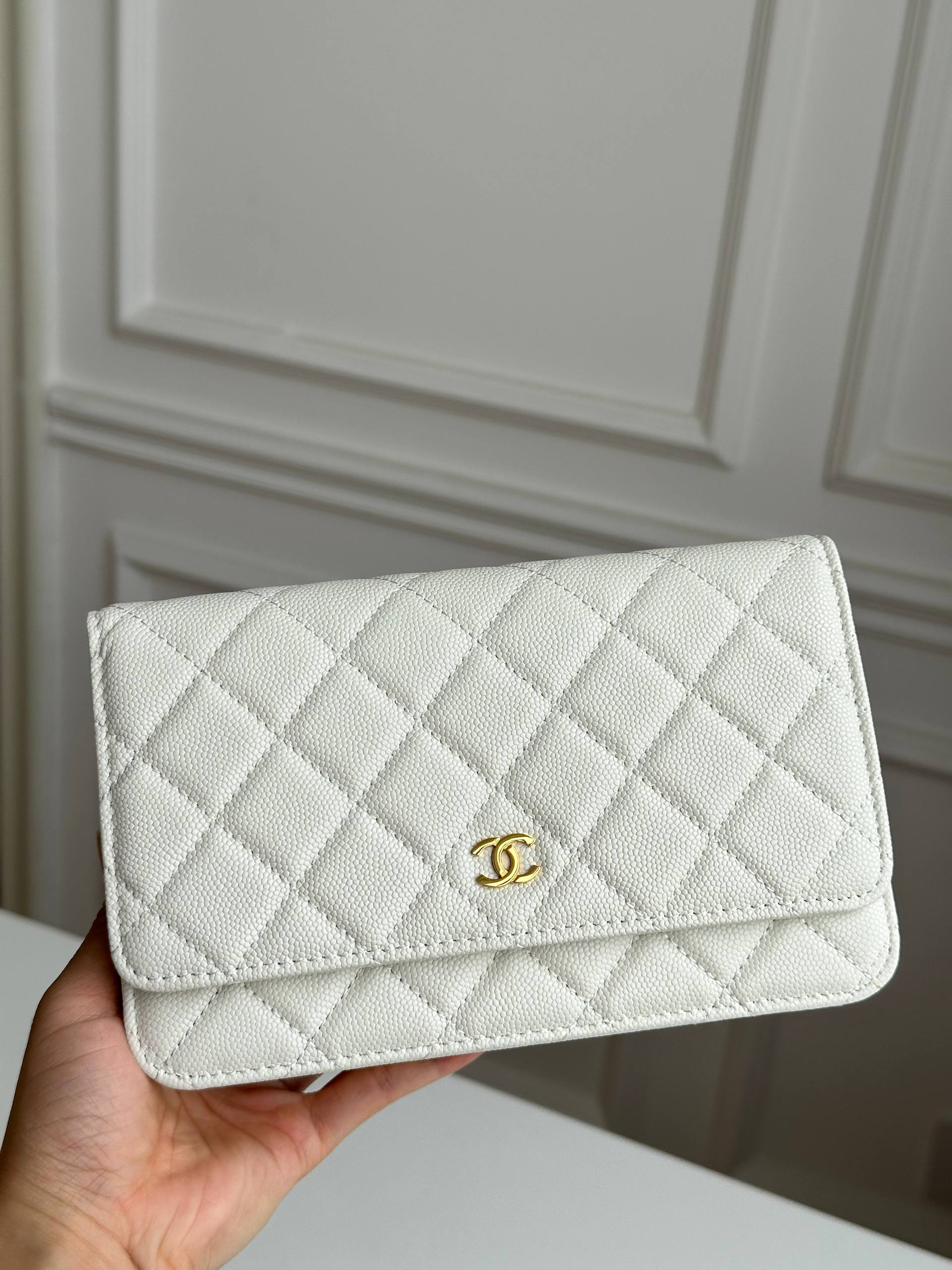 Chanel Classic Quilted Caviar Leather Wallet On Chain (WOC) in White with Gold Hardware