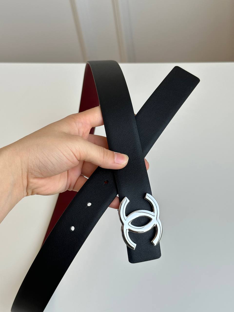 Chanel Reversible Black & Burgundy Smooth Leather Belt With Silver Interlocking CC Buckle