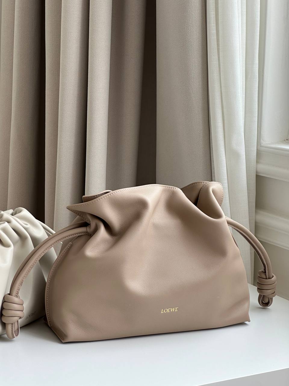 Bottega Veneta Milk Tea Smooth Lambskin Double Knot Drawstring Jodie Cloud Bag