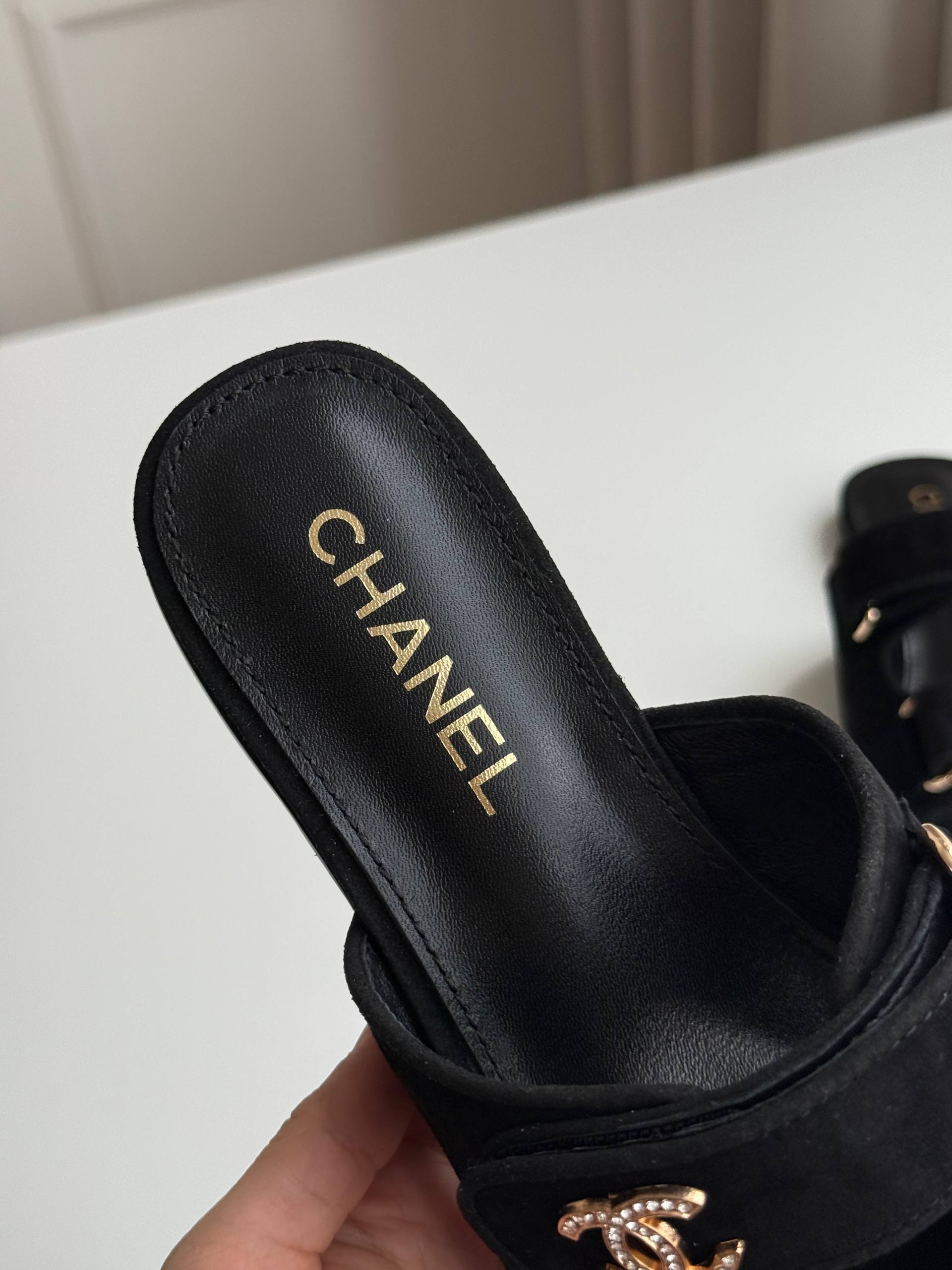 Chanel Suede Double Strap Slide Sandals with Crystal CC Turnlocks
