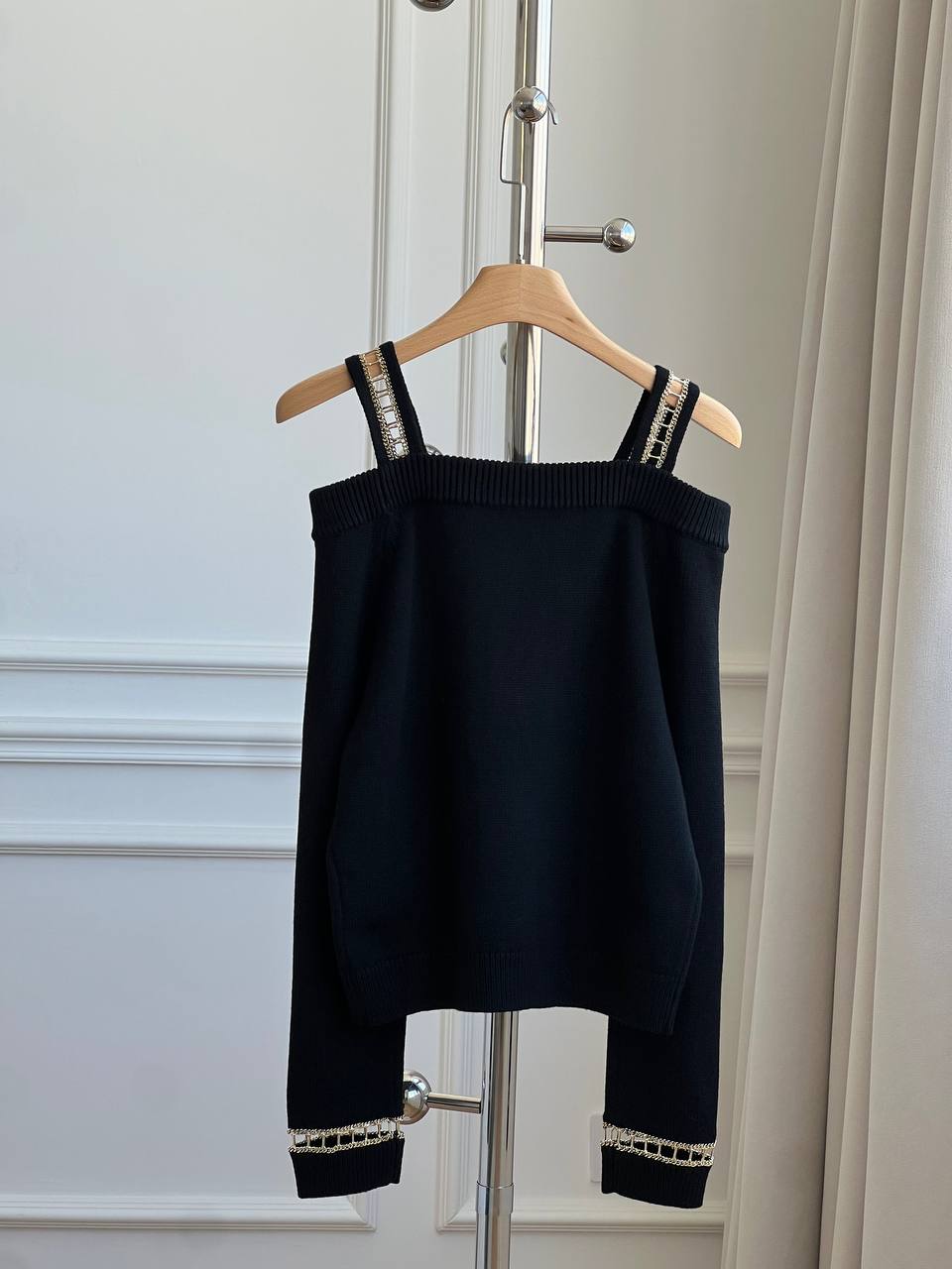 Chanel Chain-Trimmed Off-the-Shoulder Knit Top