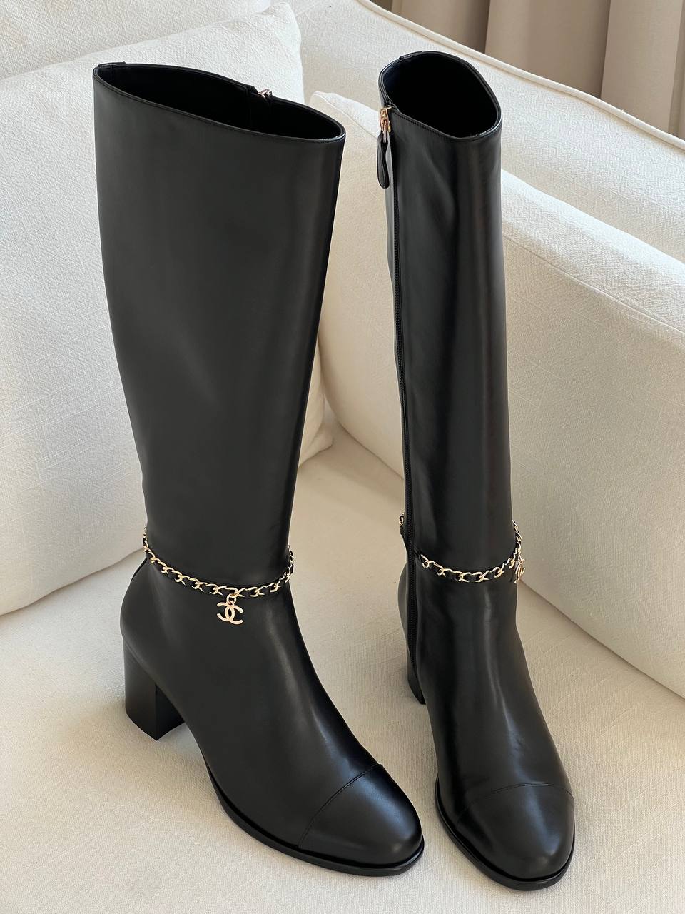 CHANEL Black Smooth Leather Chain CC Logo Block Heel Knee-High Boots