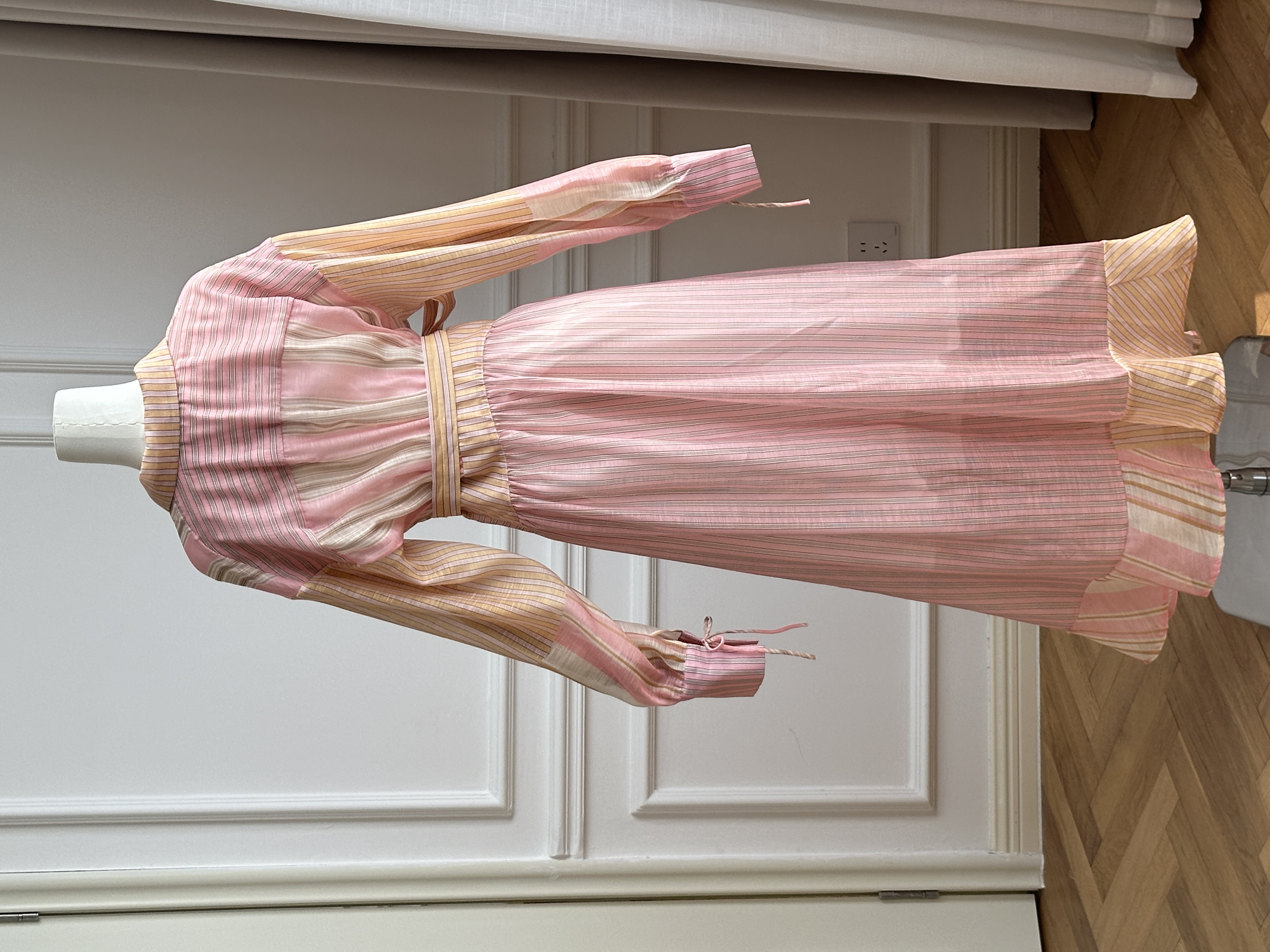 Pink Tone Striped Lapel Cross Wrap Tie-Waist Shirt Maxi Dress