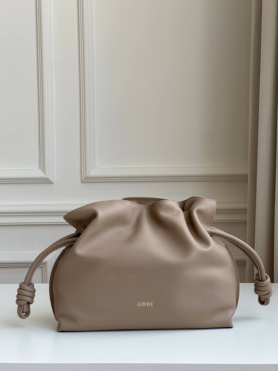 Bottega Veneta Milk Tea Smooth Lambskin Double Knot Drawstring Jodie Cloud Bag