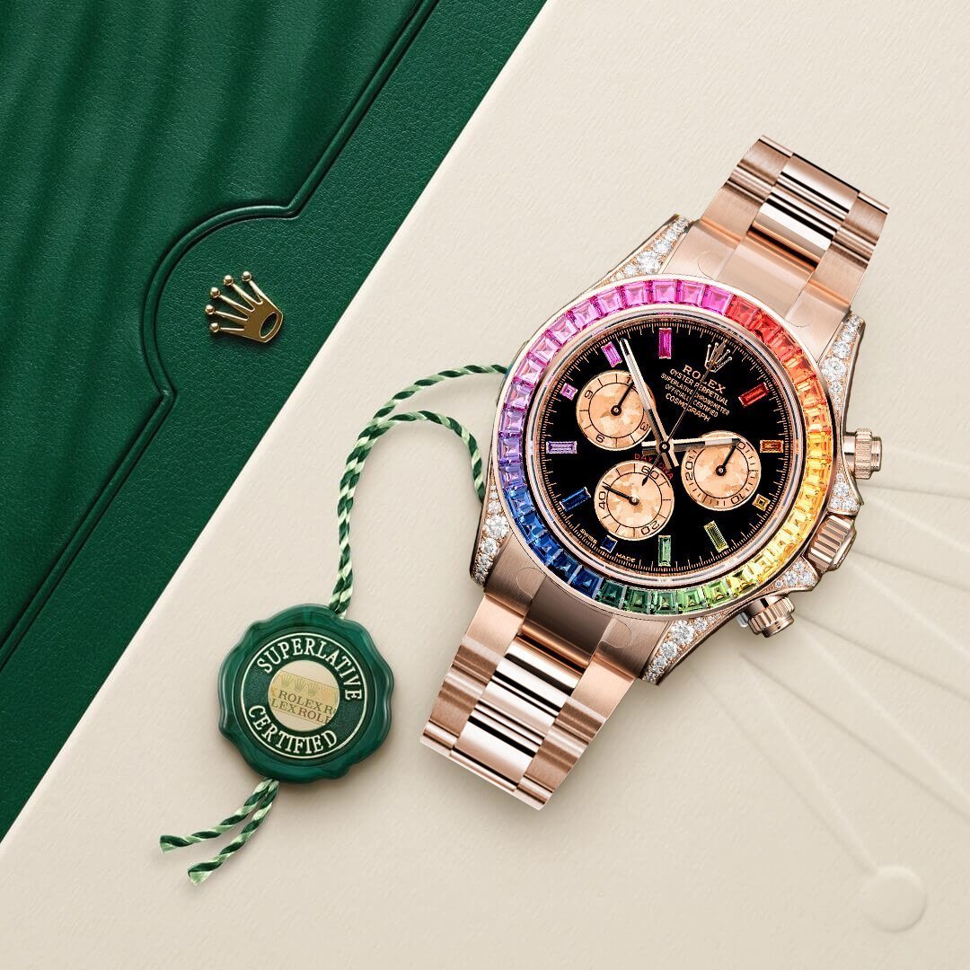 Rolex Daytona Rainbow 116595RBOW: Black Dial, Diamond Bezel, Oyster Bracelet, Rose Gold Watch【1:1 Replica】