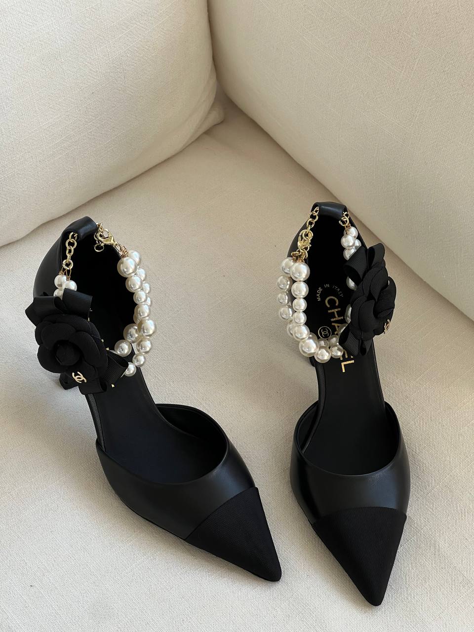 CHANEL Black Leather Satin Camellia Pearl Chain Slingback Pointed Stiletto Sandals