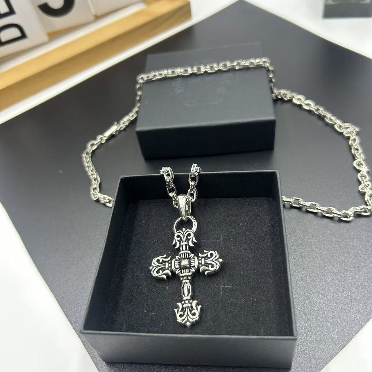 CHROME HEARTS ENGRAVED CROSS NECKLACE