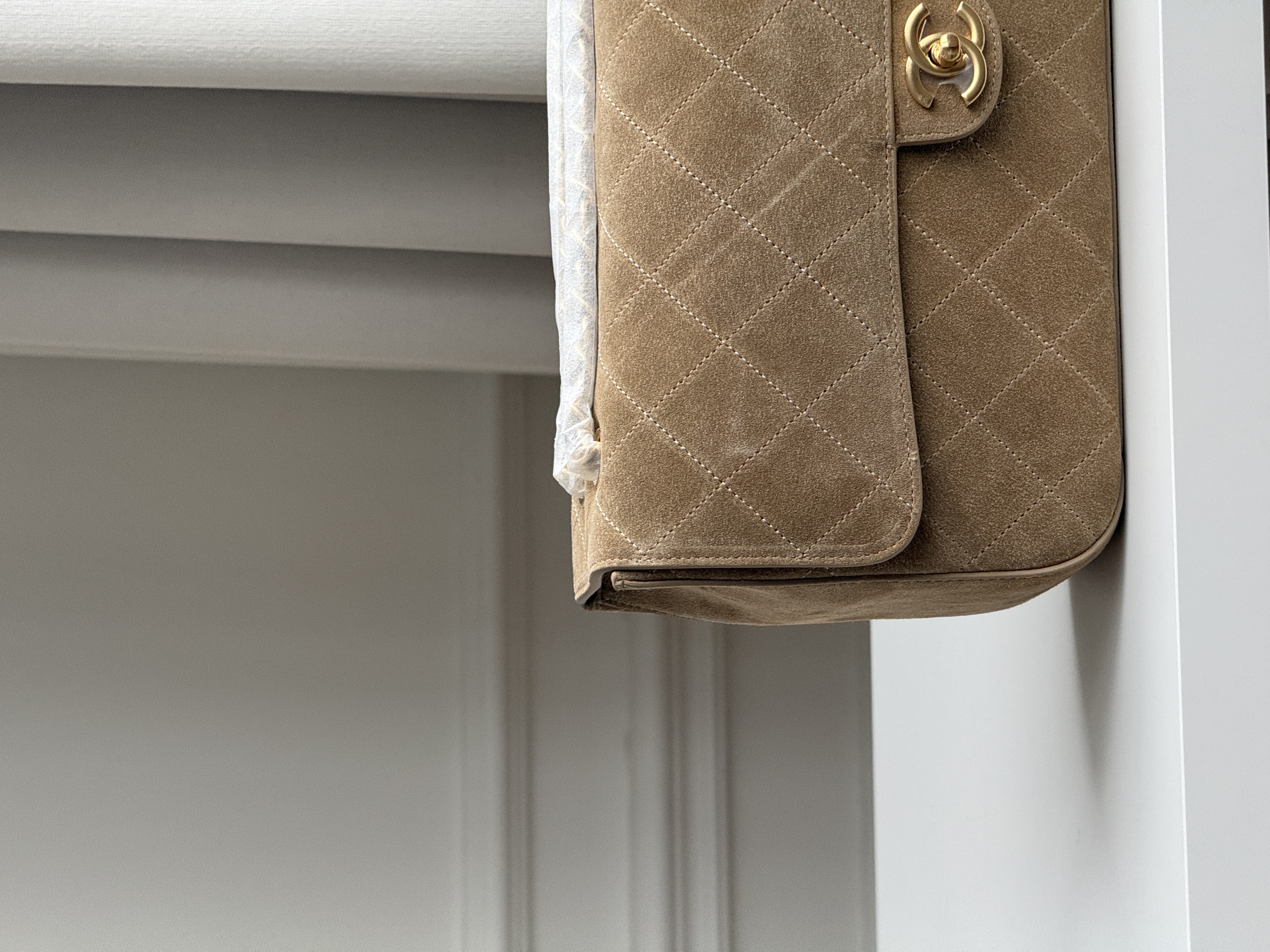 Chanel Light Camel Suede Diamond Quilted Classic Flap Baguette Shoulder Bag