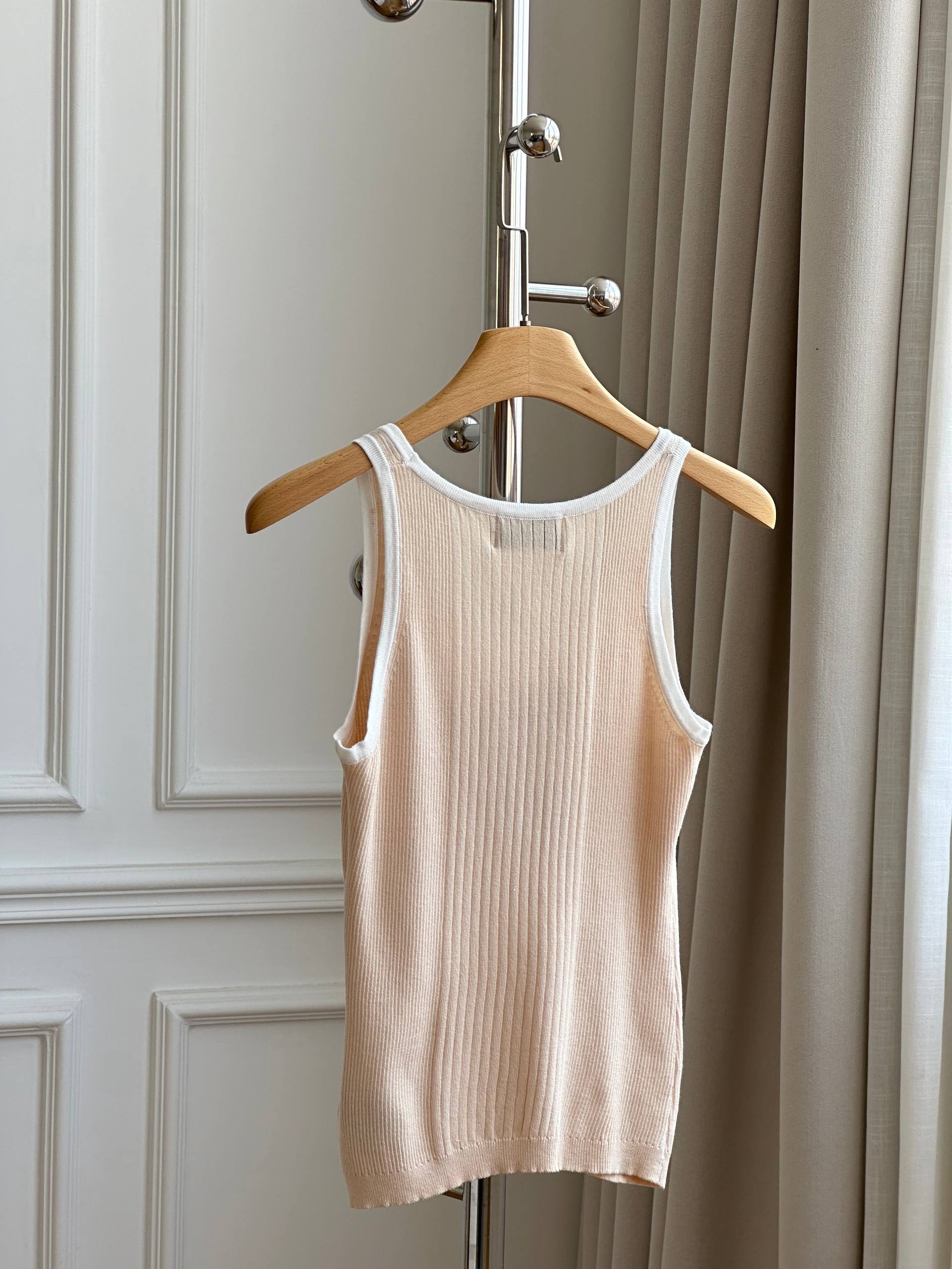 Chanel Light Apricot Ribbed Knit Tank Top with White Trim & CC Logo