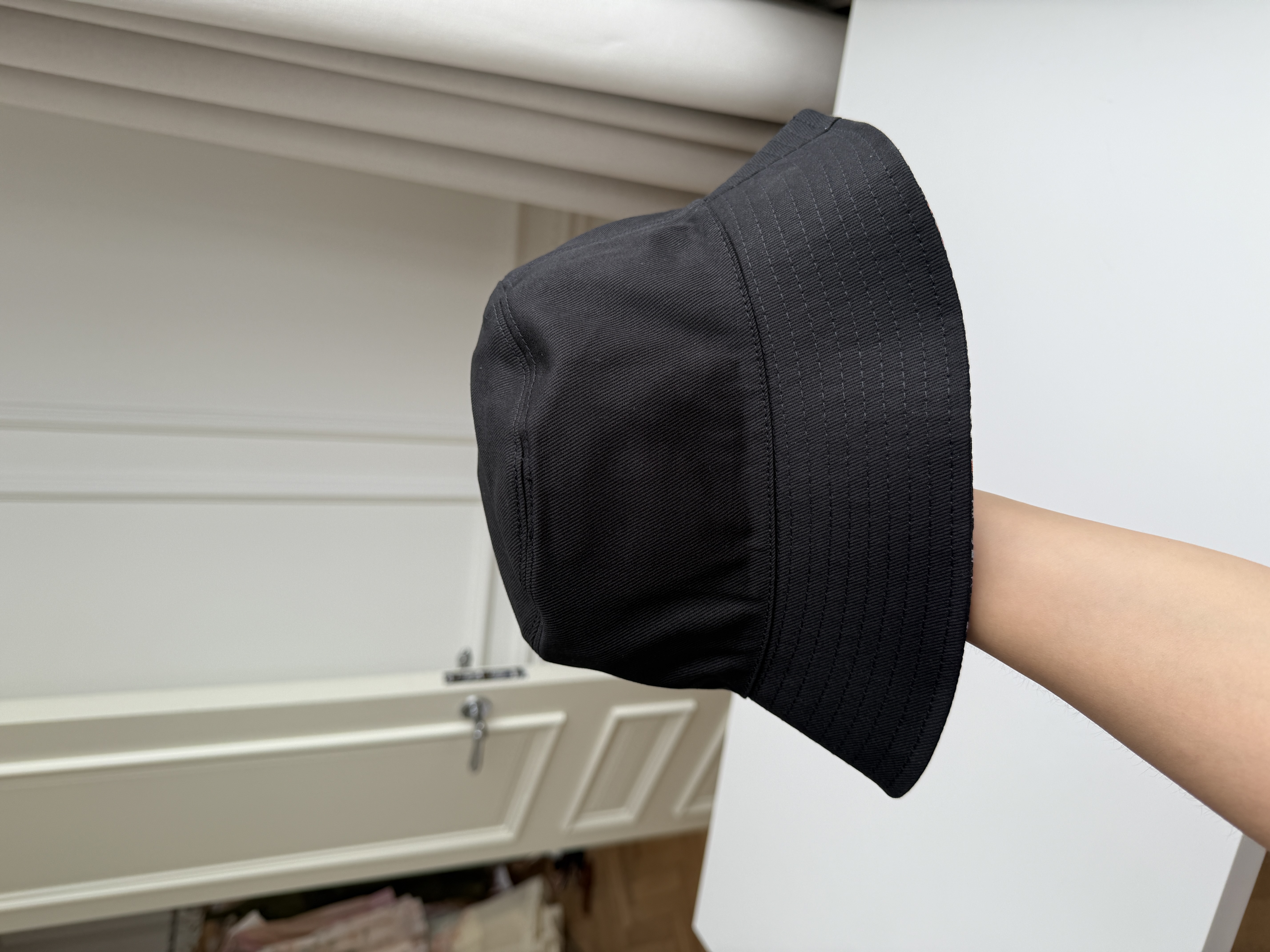 Chanel Black Twill Fabric Bucket Hat With White Interlocking CC Embroidery