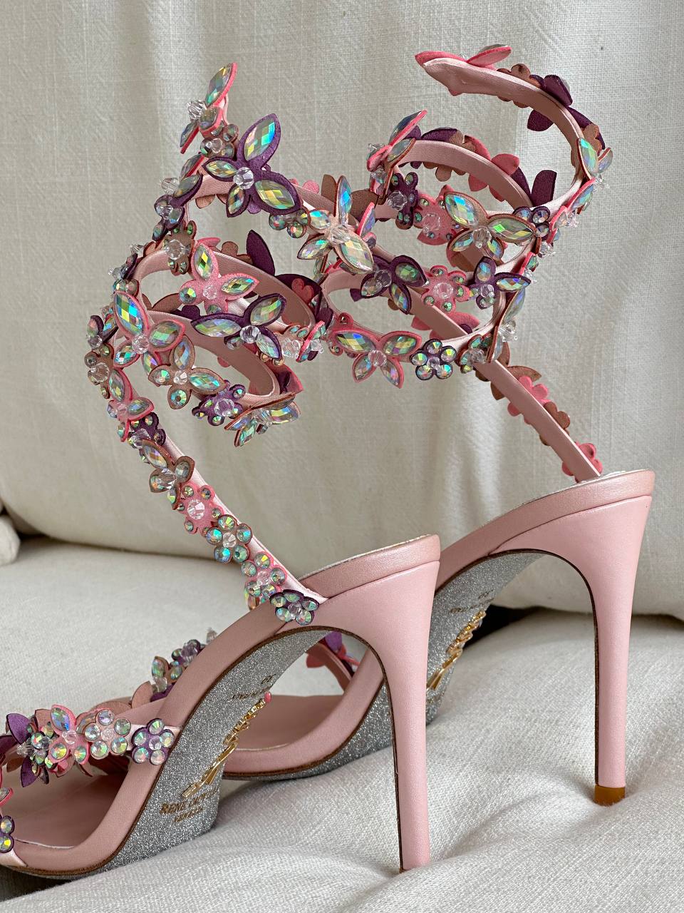Rene Caovilla Iridescent Crystal Butterfly Spiral-wrap Stiletto Sandals