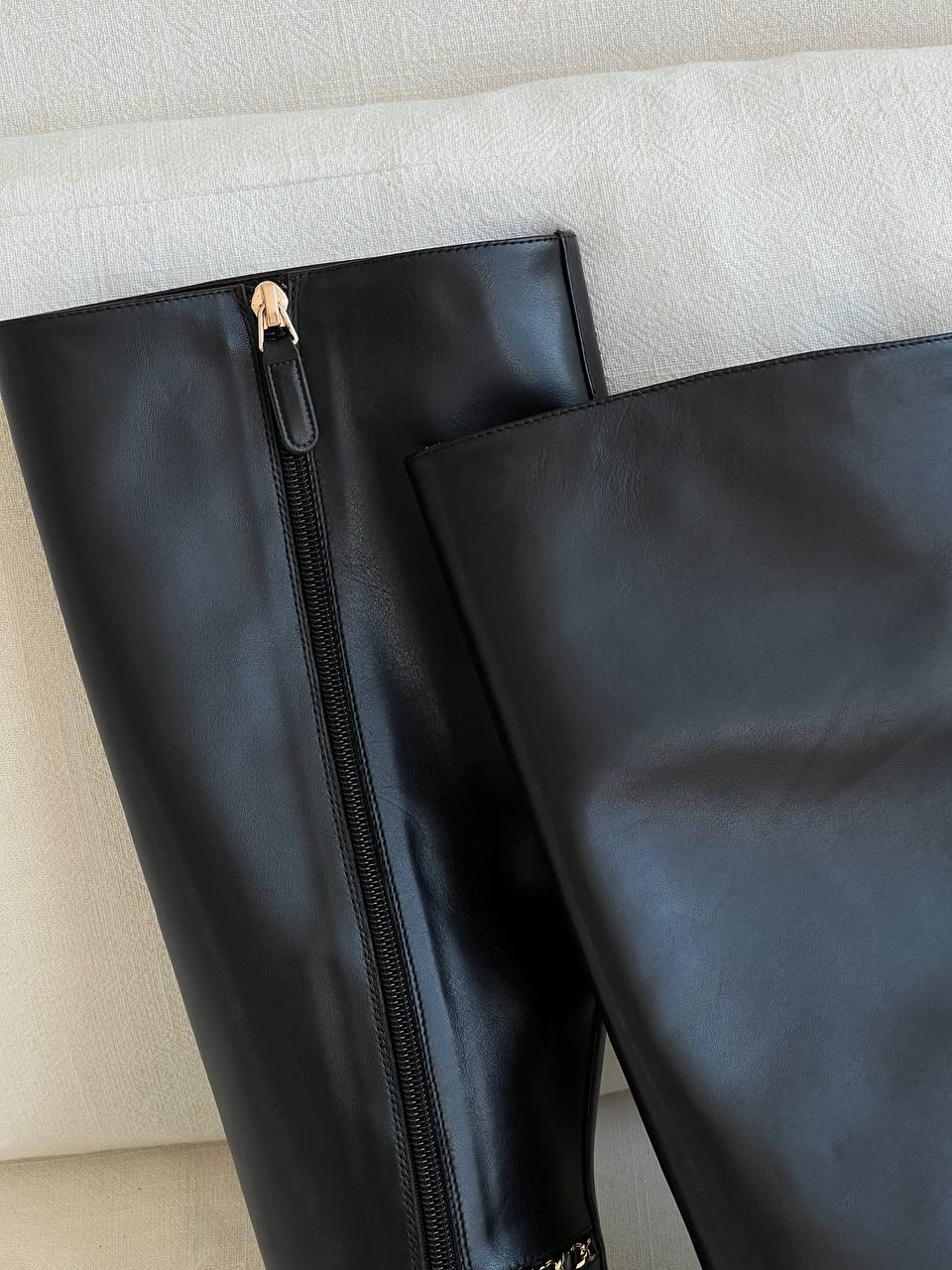 CHANEL Black Smooth Leather Chain CC Logo Block Heel Knee-High Boots
