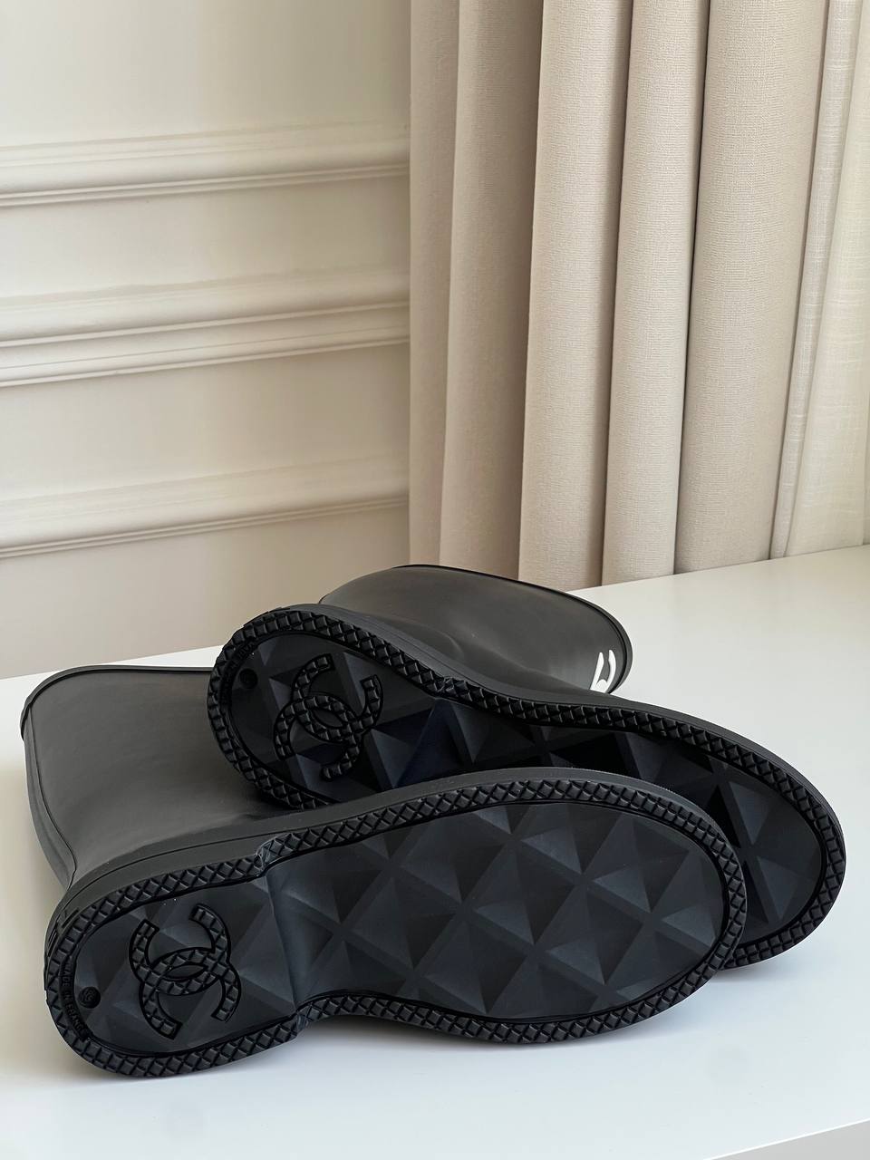 Chanel Black Rubber Tall Rain Boots With White Interlocking CC Logo