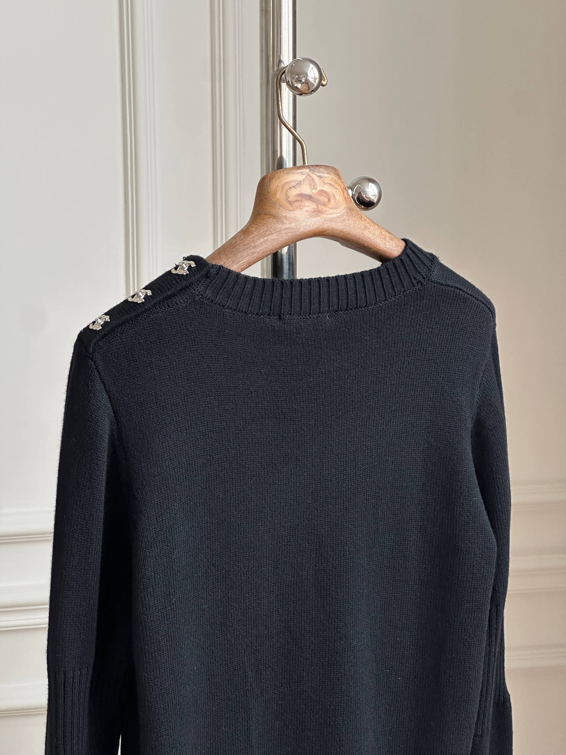 Chanel Black Crew Neck Shoulder Button Wool Knit Sweater