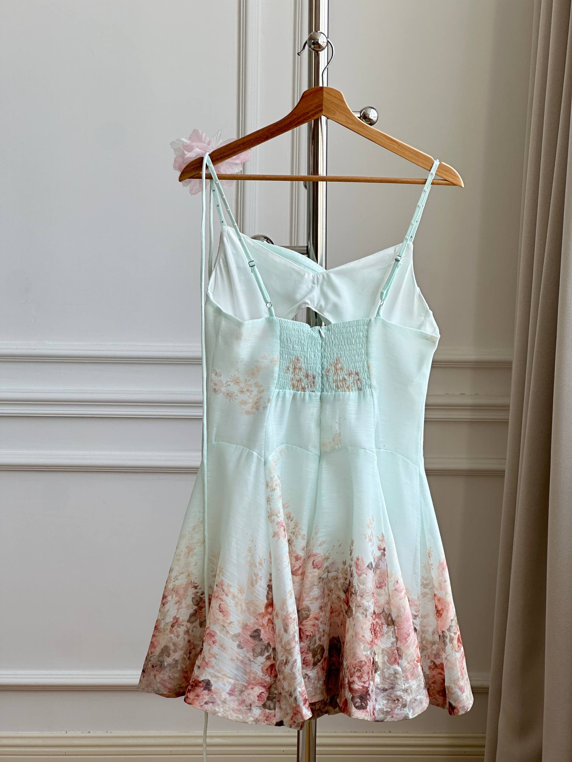 Zimmermann Mint Green Rose Print Ruched Bustier Mini Dress