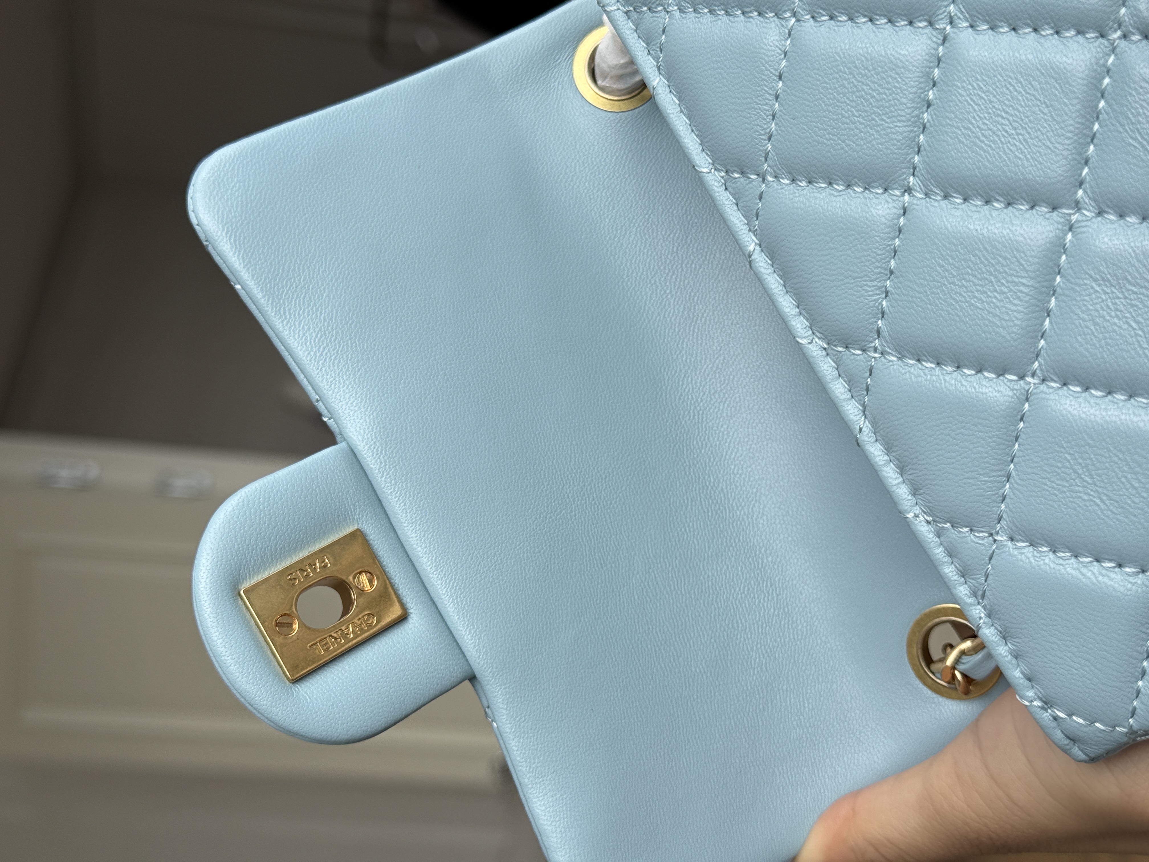 Chanel Baby Blue Lambskin Mini Classic Flap Gold CC Chain Bag