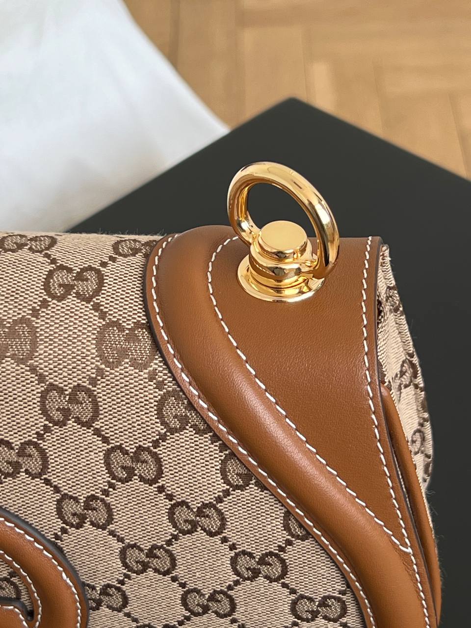 Gucci GG Monogram Canvas Brown Leather Trim Round G-logo Saddle Crossbody Bag